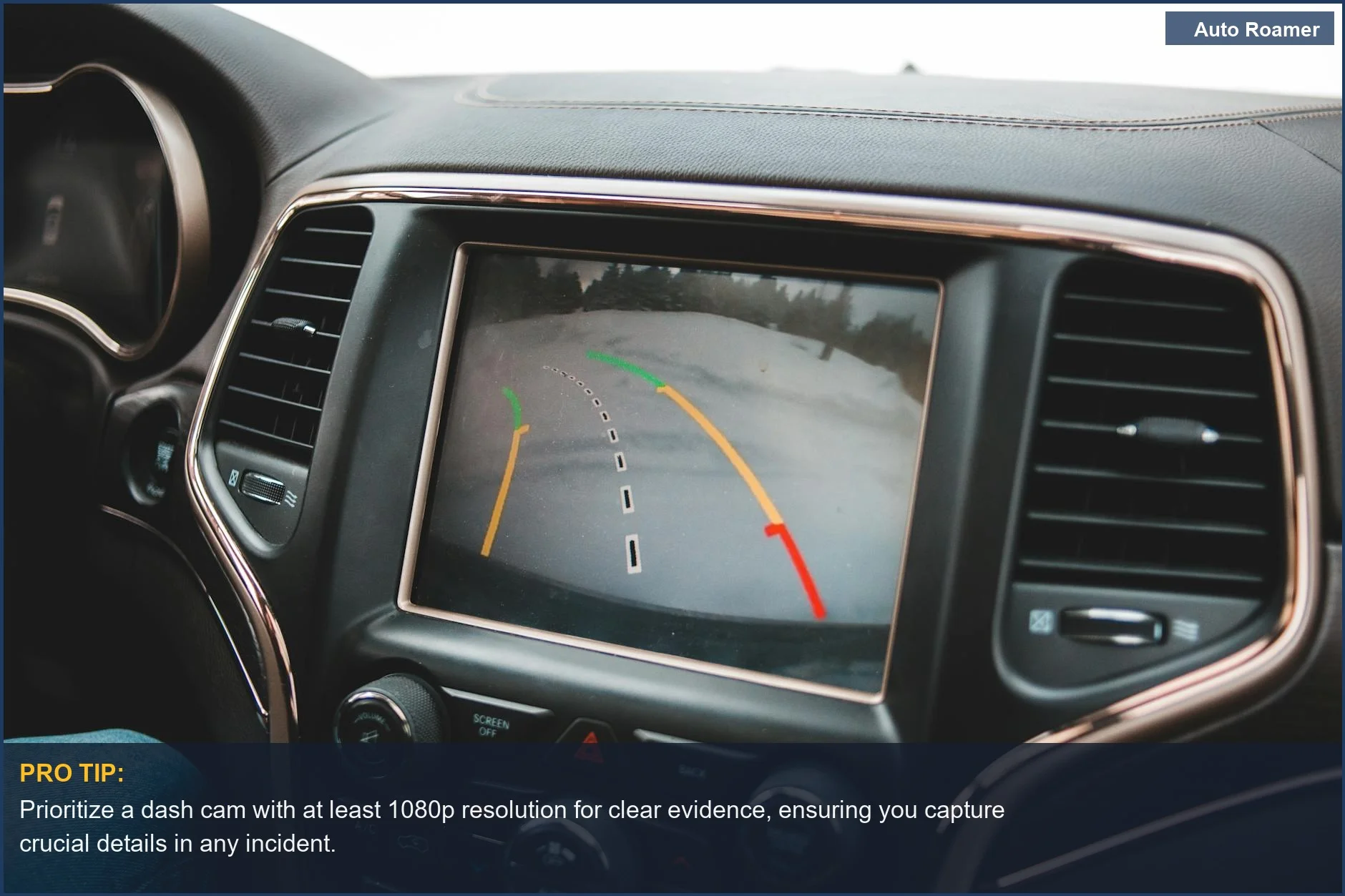 Modern car dashboard featuring a rearview camera display for parking assistance, demonstrating dash cam safety features.