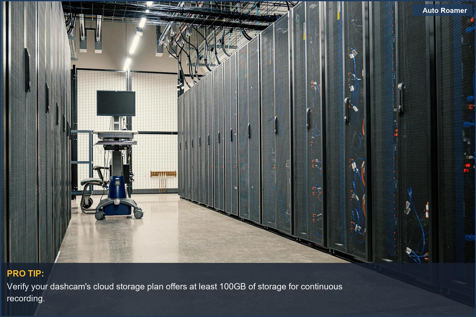 Modern data center corridor with server racks, illustrating the technology behind cloud storage for dashcams.