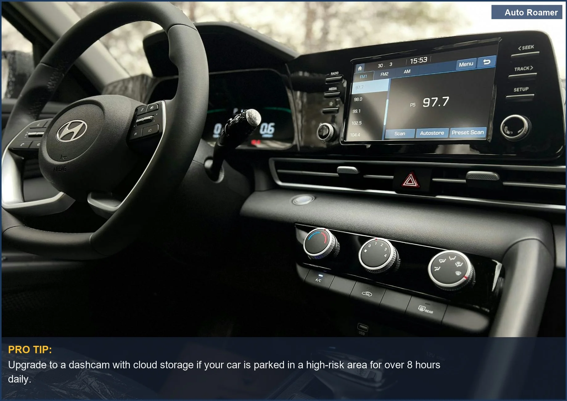 Modern car interior with touchscreen, demonstrating how dashcam cloud storage enhances parking security.