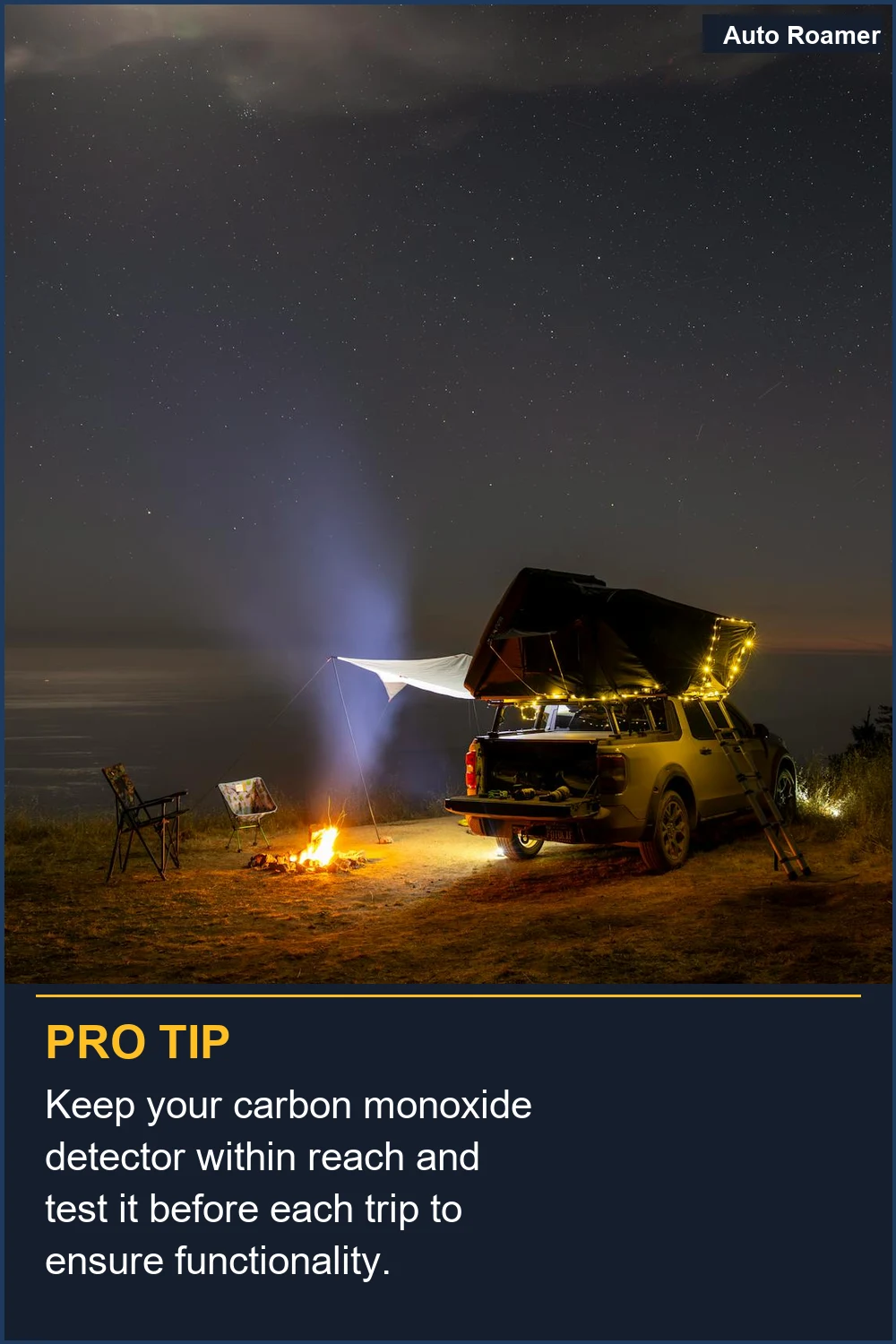 Keep your carbon monoxide detector within reach and test it before each trip to ensure functionality.