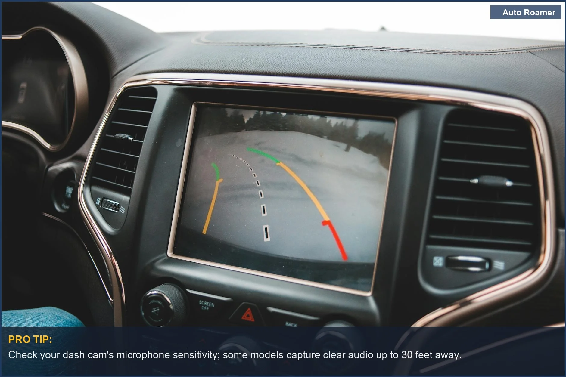Dash cam with a rearview camera display on the car's dashboard, showing how it integrates with audio recording features.