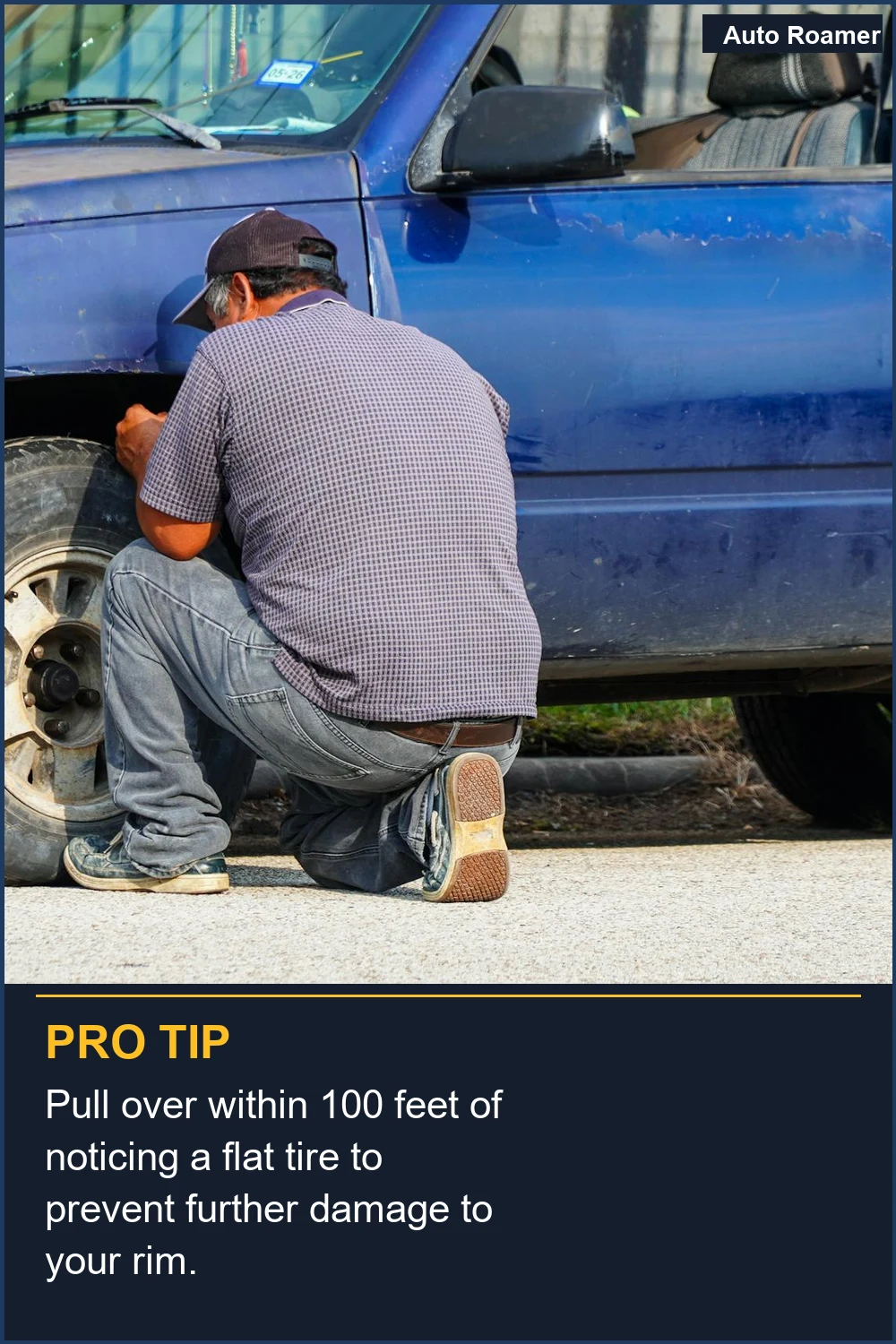 Pull over within 100 feet of noticing a flat tire to prevent further damage to your rim.