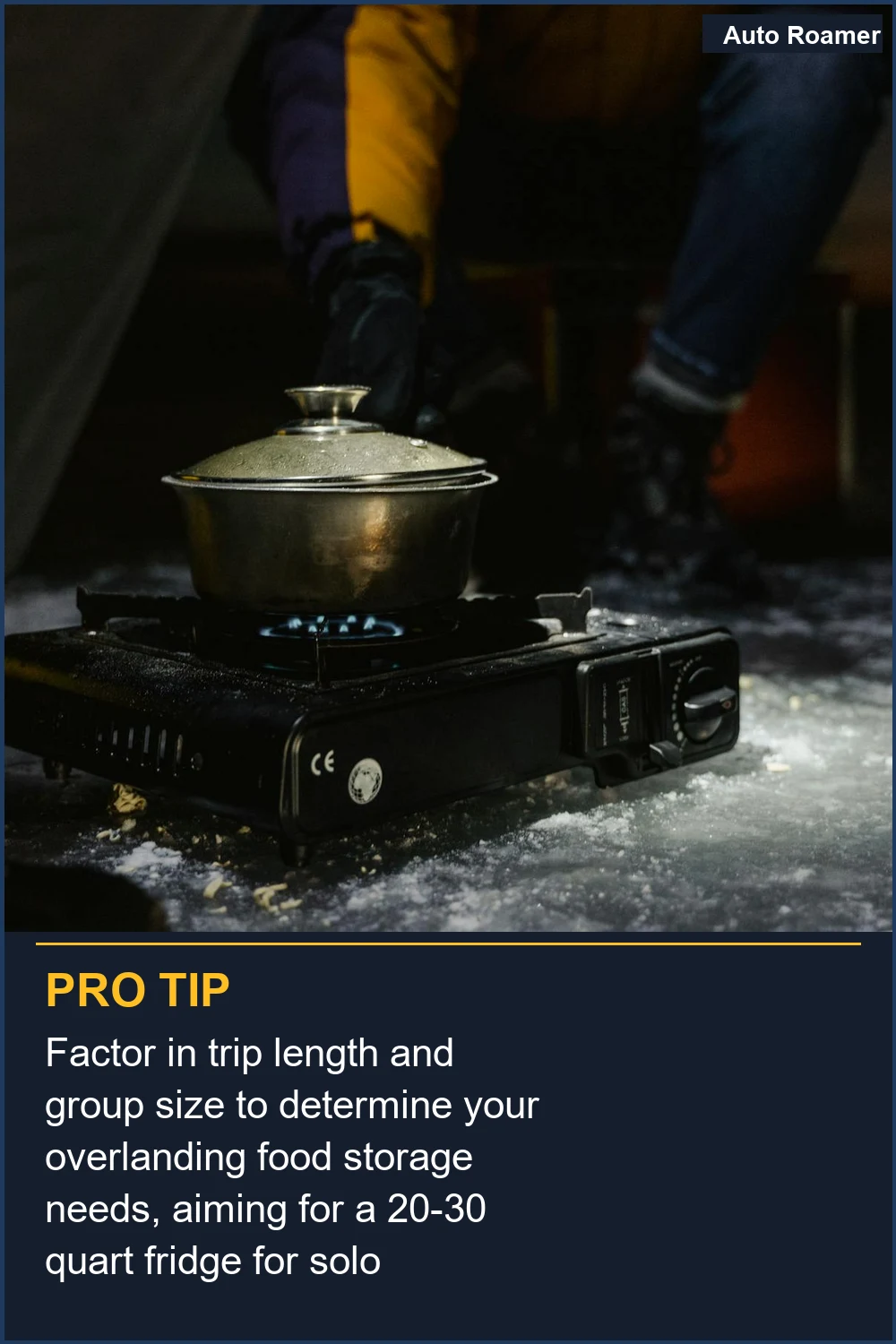 Factor in trip length and group size to determine your overlanding food storage needs, aiming for a 20-30 quart fridge for solo weekend trips.