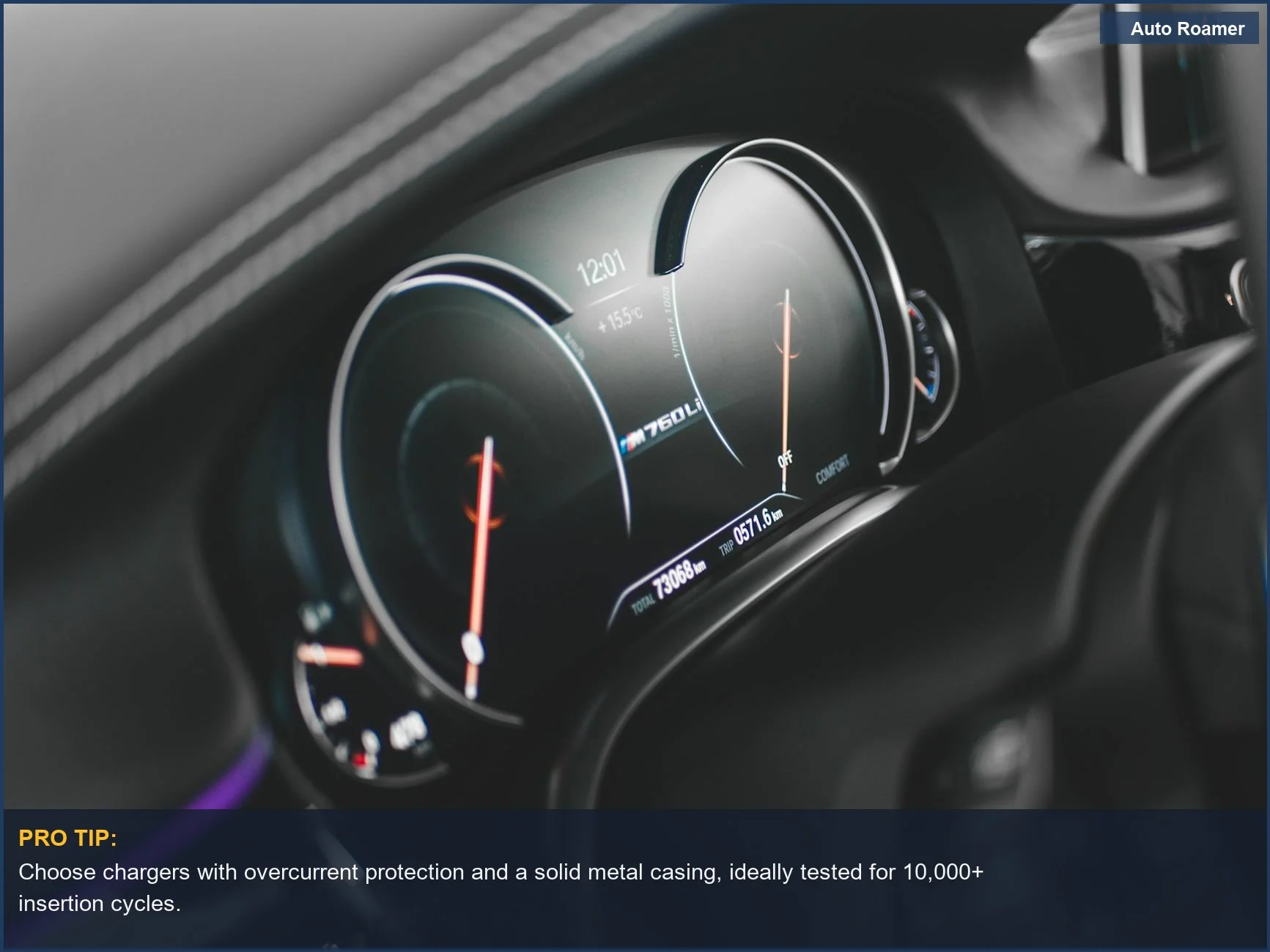 See a sleek digital car dashboard, perfect for finding a durable car USB charger.