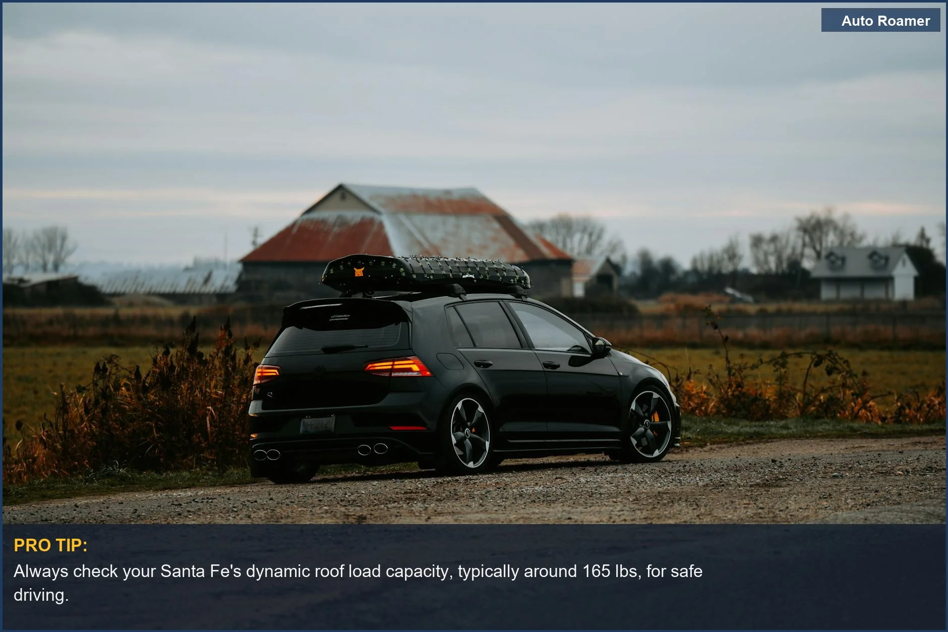 Rural autumn scene with black hatchback and roof rack, illustrating dynamic roof rack weight limits for Santa Fe.