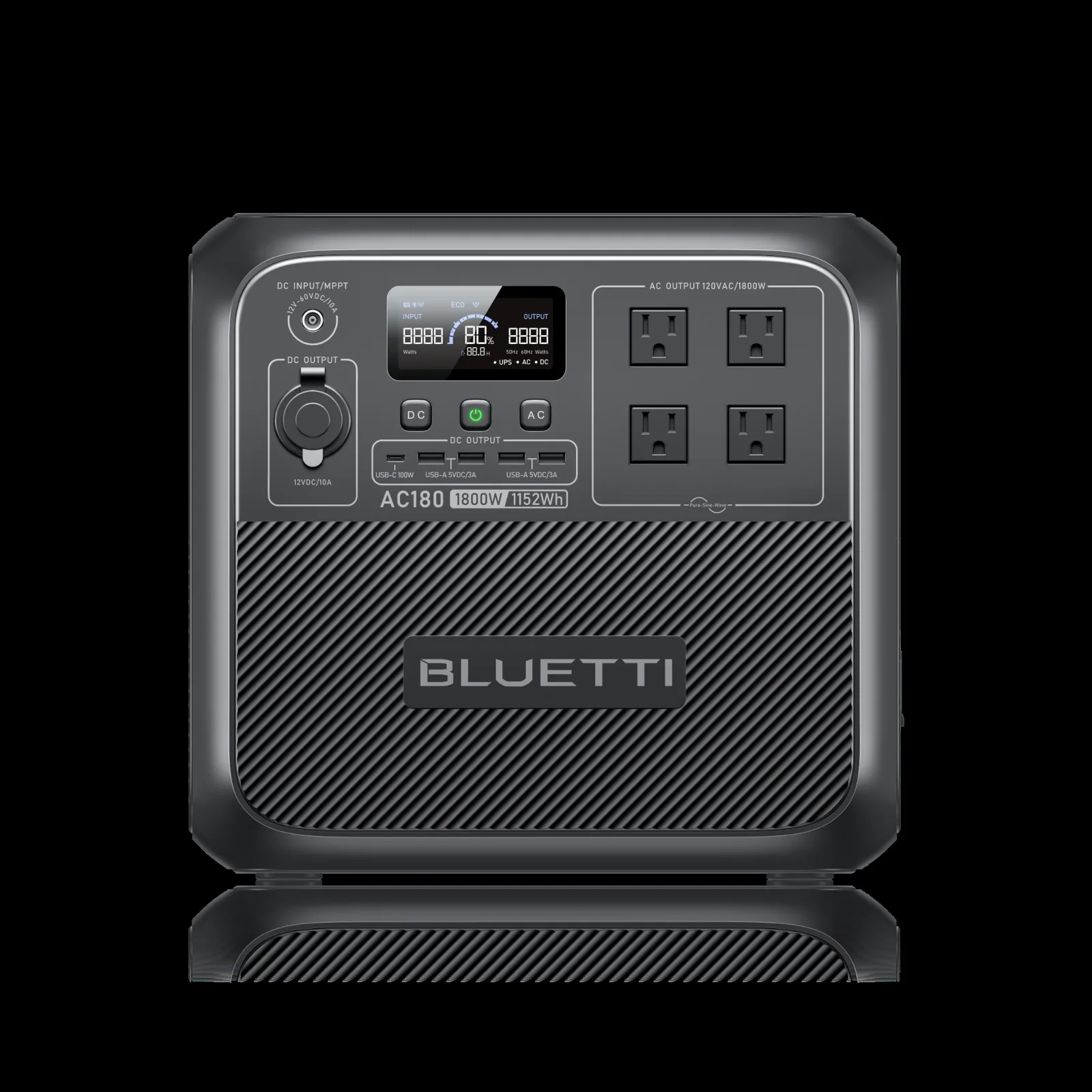 A Bluetti AC180 portable power station with four US AC outlets, one of the two units this car-camping guide compares