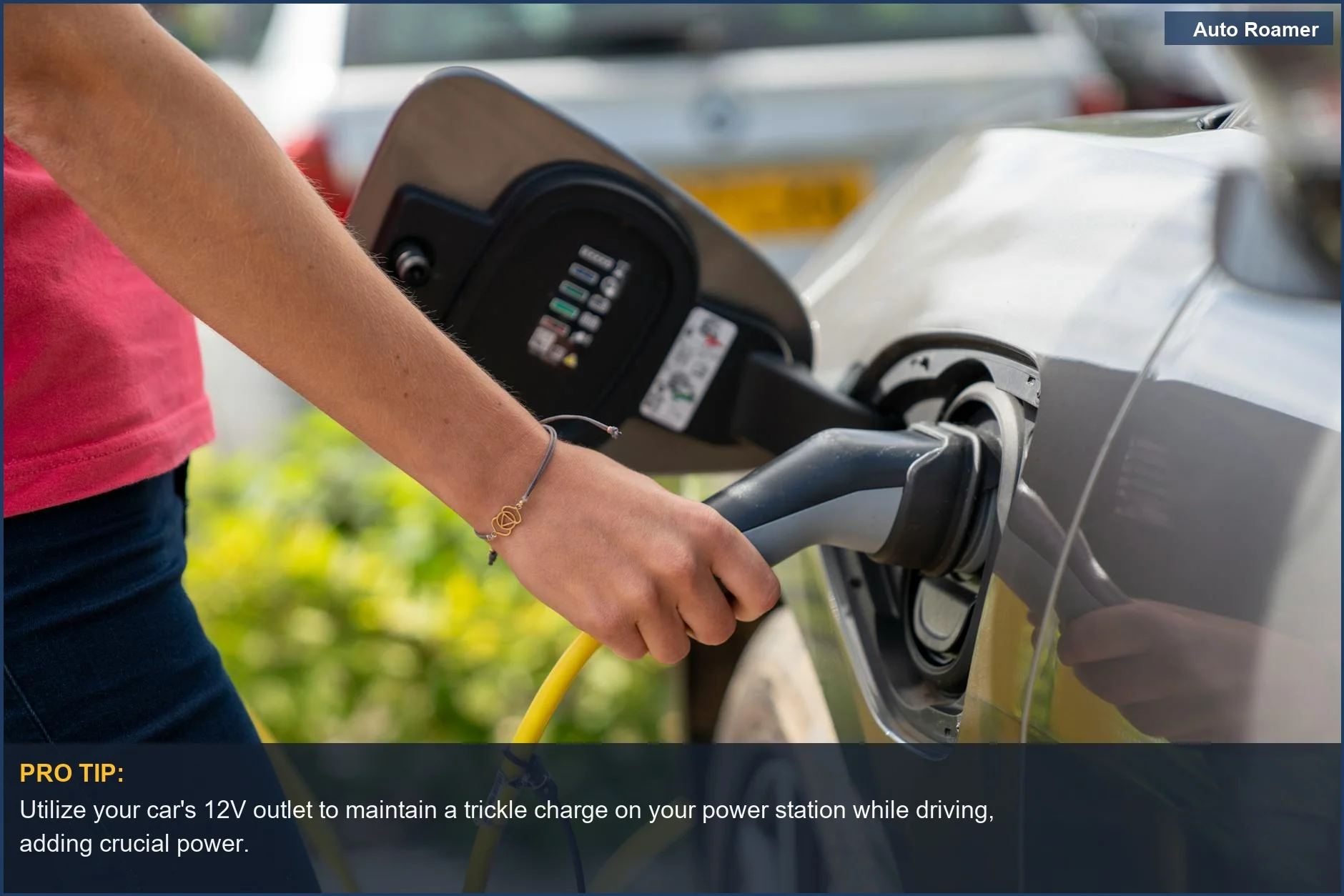 Close-up of an electric car plugged into an outdoor charging station, illustrating car charging power station convenience.