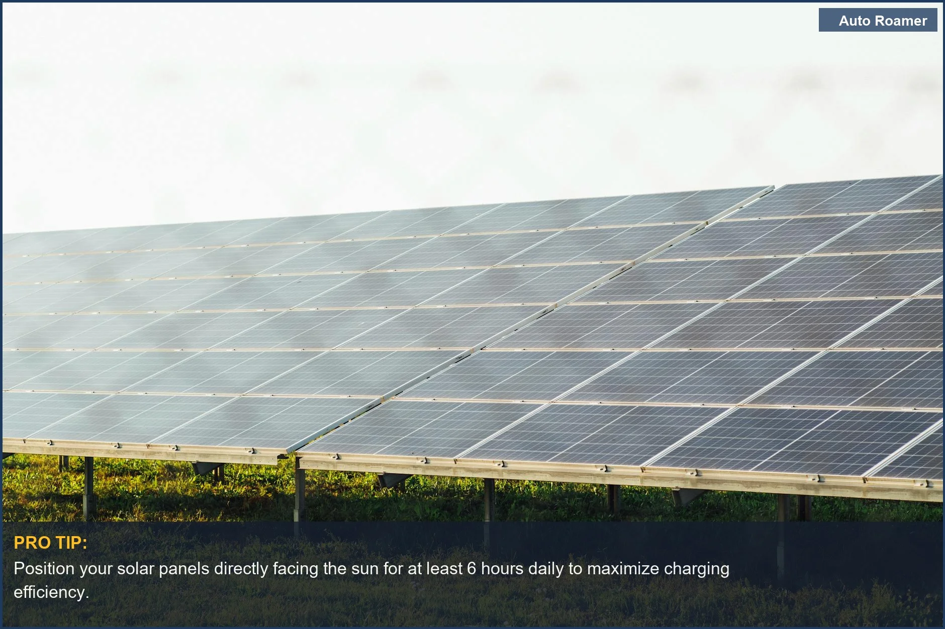 Expansive solar panel array in a sunny field, demonstrating eco-friendly solar charging power station options for adventures.