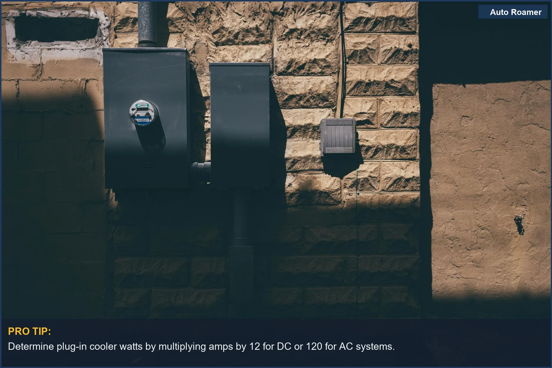 Electrical boxes on a shadowed exterior wall, illustrating plug-in cooler watts.