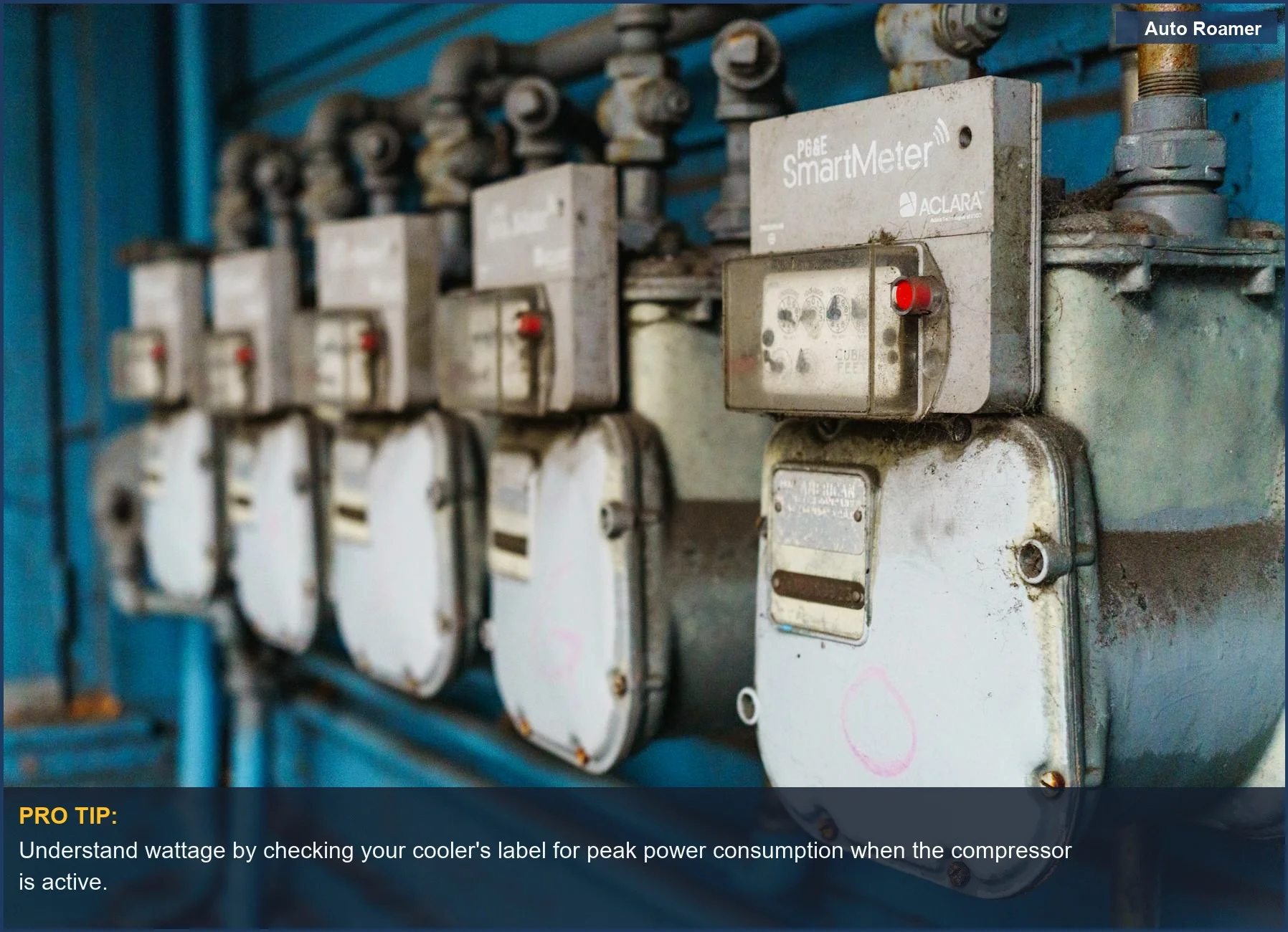 Utility meters measuring electric cooler power usage, showing energy consumption in watts.