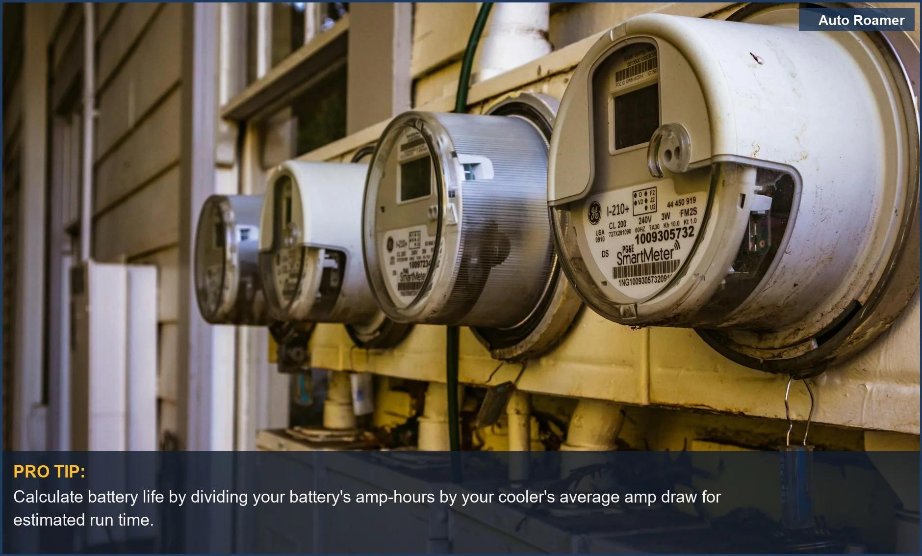 Residential electricity meters installed on an exterior wall, relevant to camping fridge energy consumption.