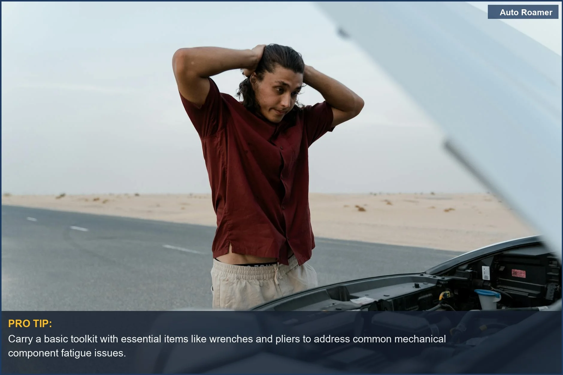Frustrated man inspecting a broken car engine on a deserted road, a stressful scenario for unexpected car camping breakdowns.