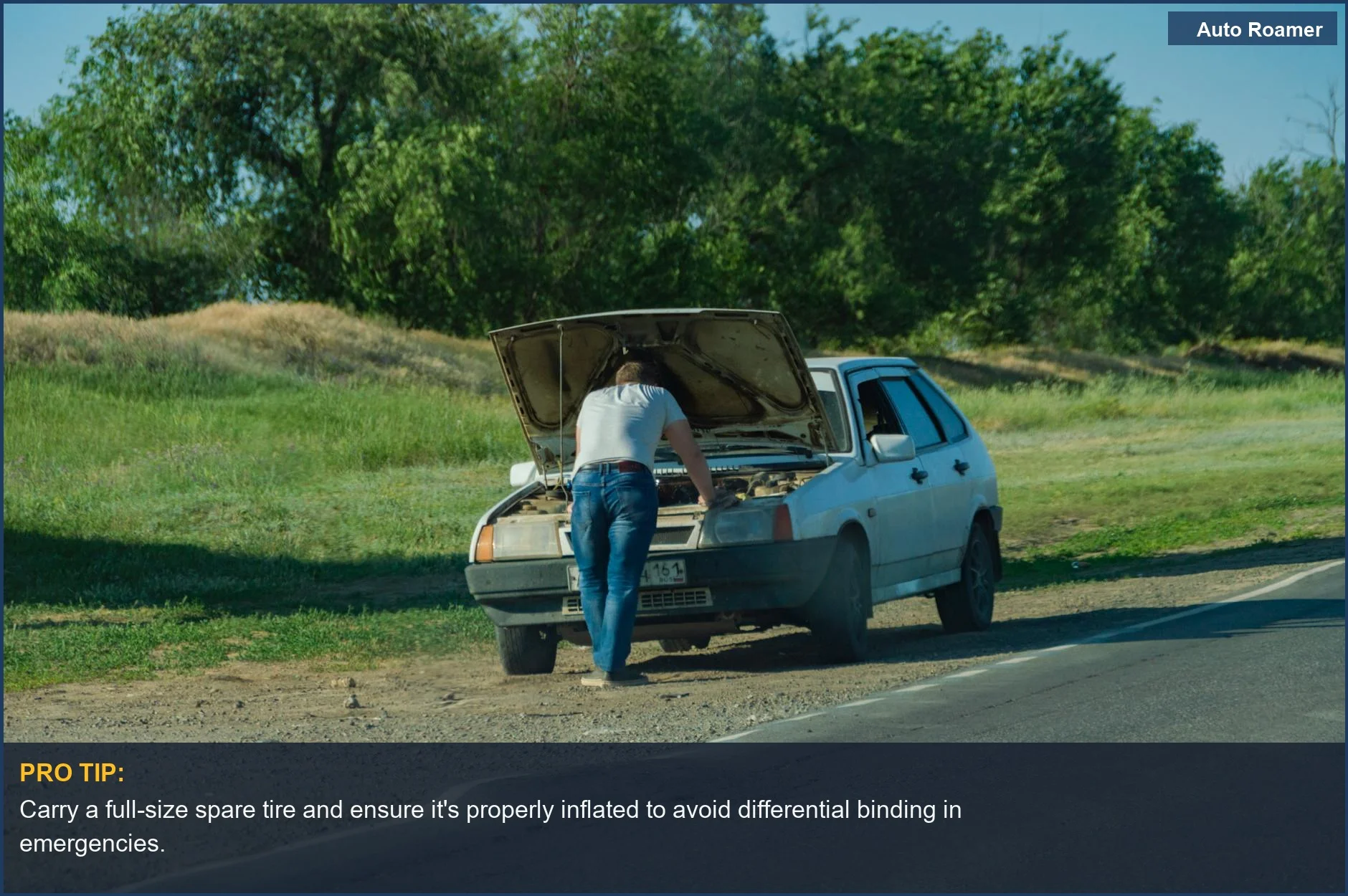 Man inspecting his car on the roadside, illustrating a common mechanical issue during unexpected car camping breakdowns.