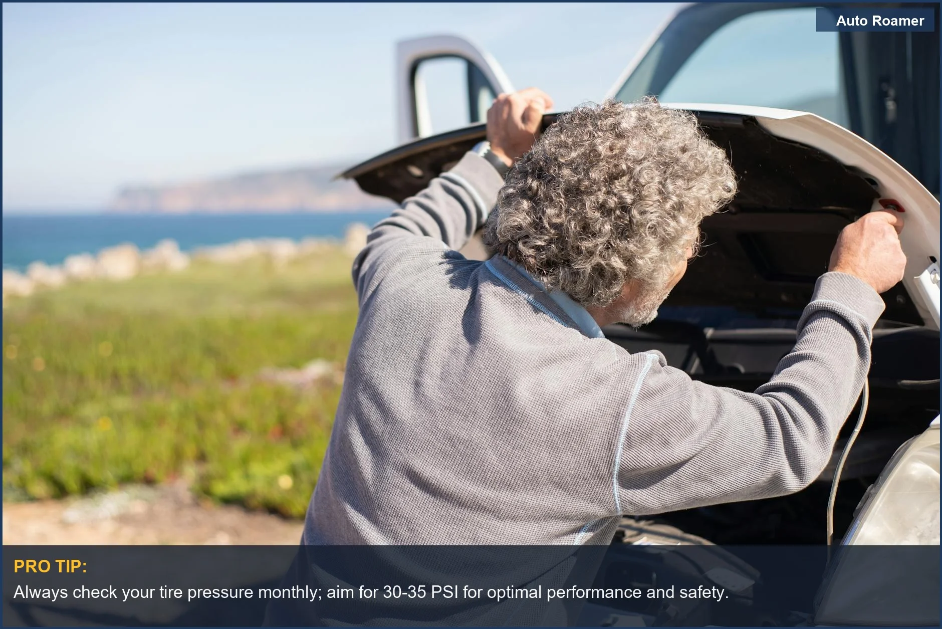 Man performing emergency roadside repair on a car by the scenic coastline, essential beyond a spare tire.