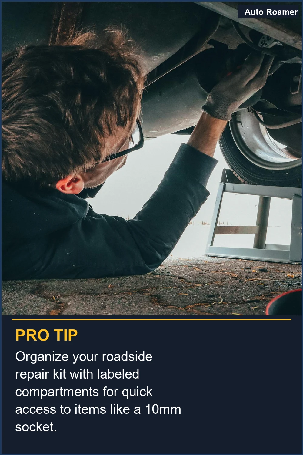 Organize your roadside repair kit with labeled compartments for quick access to items like a 10mm socket.