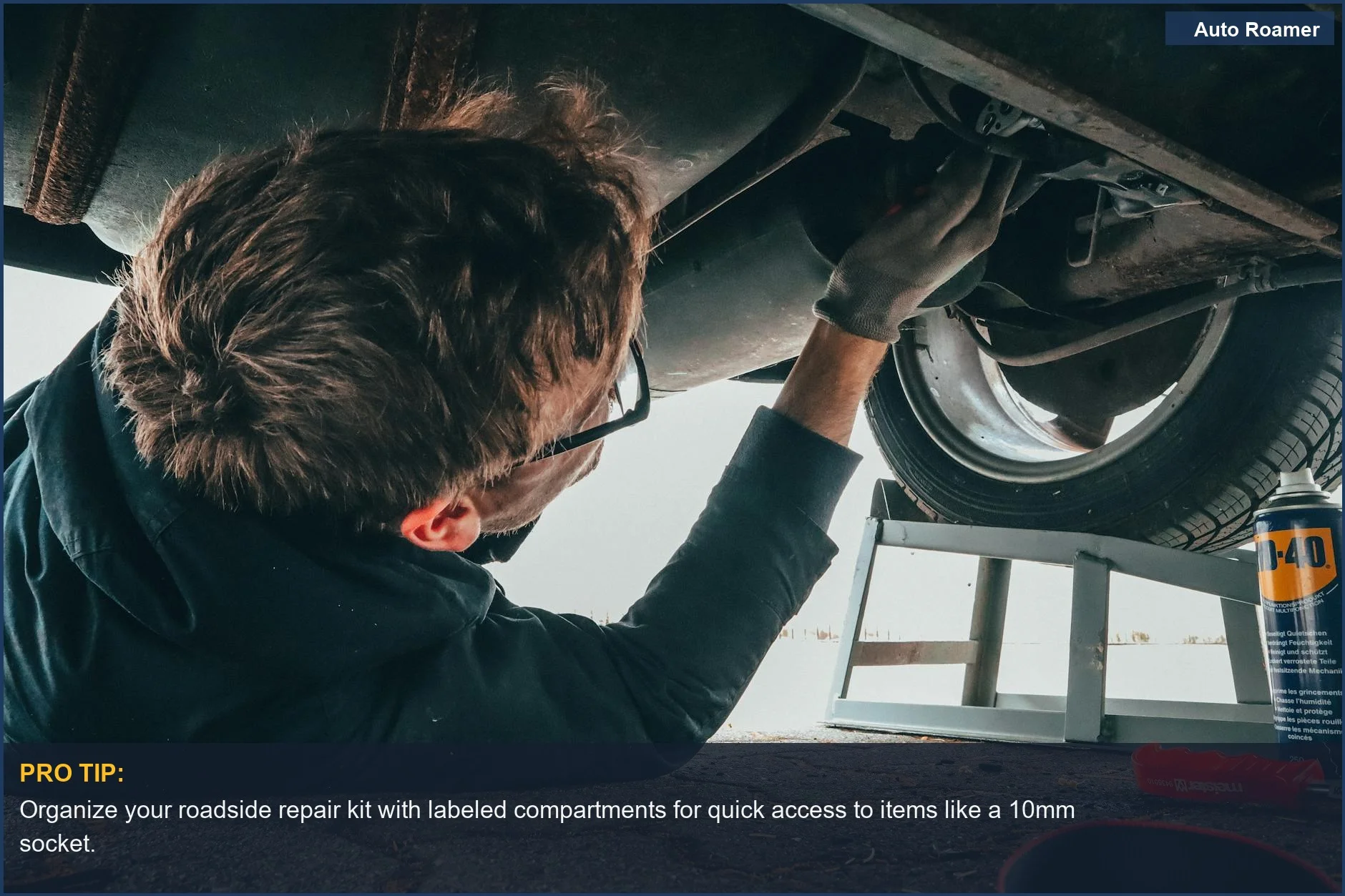 Skilled mechanic working on car undercarriage outdoors with tools, essential for roadside repairs.