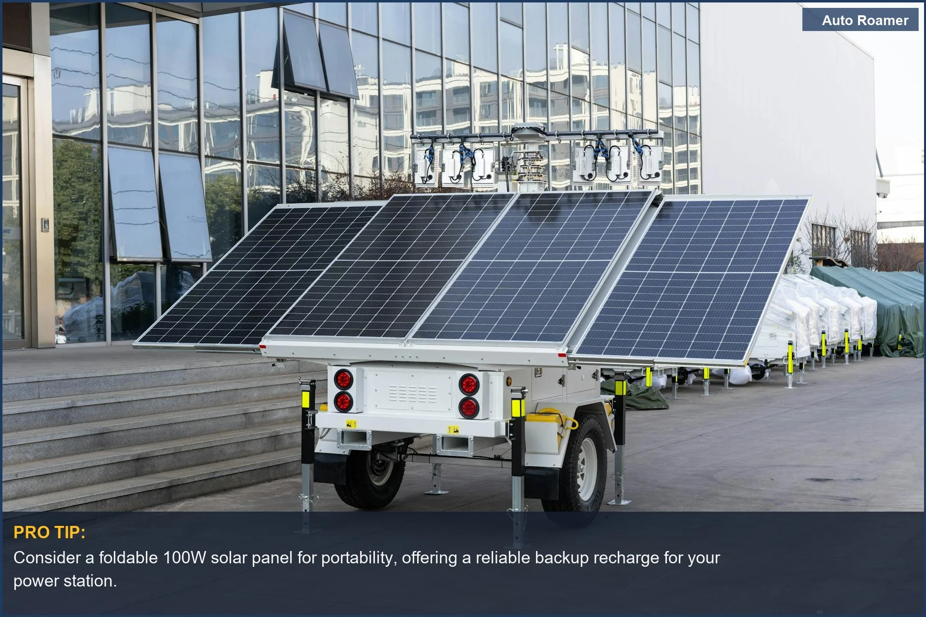 Mobile solar panel trailer parked outdoors, showcasing advanced renewable energy technology for off-grid power solutions.