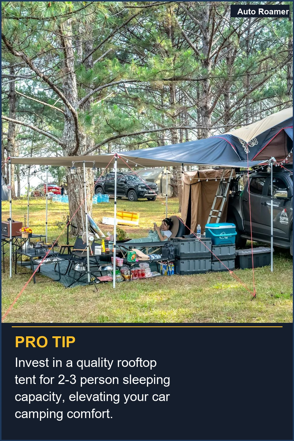 Invest in a quality rooftop tent for 2-3 person sleeping capacity, elevating your car camping comfort.