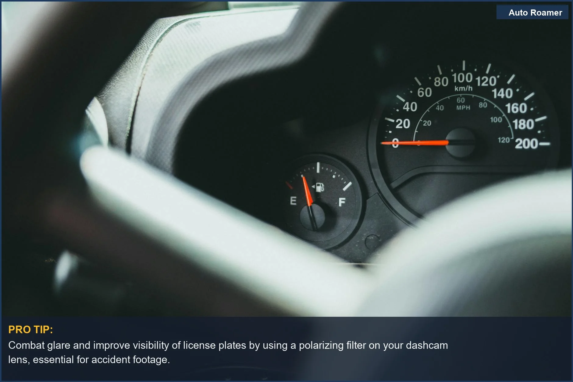 Close-up of a car dashboard's speedometer and fuel gauge, highlighting the importance of clear recording for evidence.