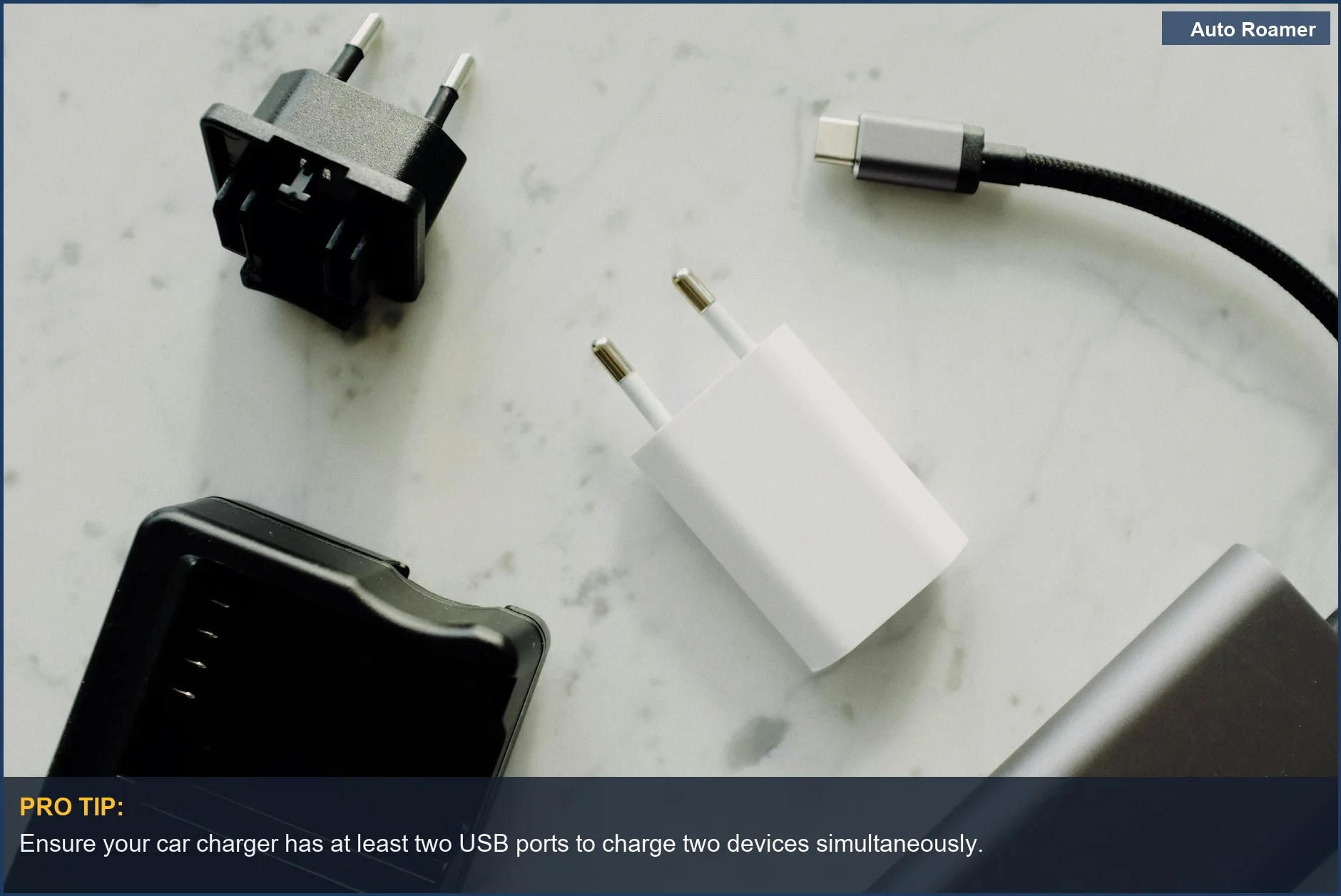 Variety of car chargers and USB-C adapters, showcasing essential travel gadgets for multiple device charging.