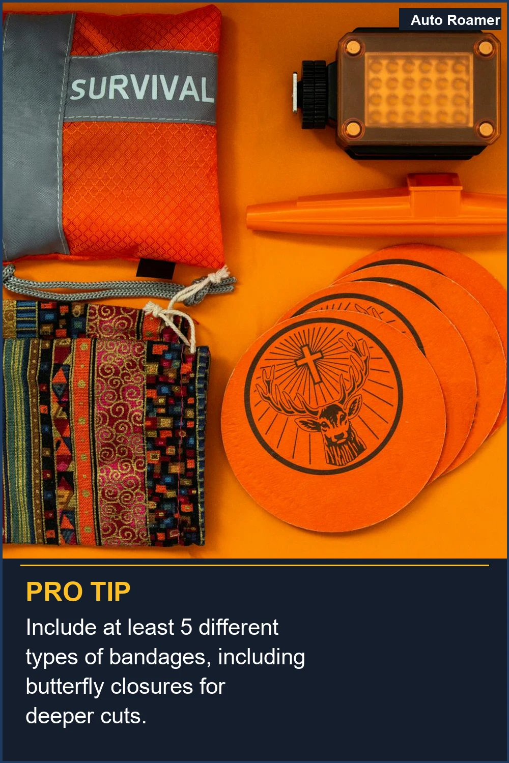 Include at least 5 different types of bandages, including butterfly closures for deeper cuts.