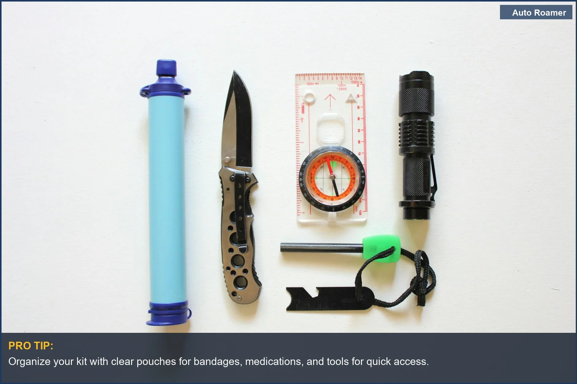 Flatlay of car camping first aid kit essentials neatly organized on a white background.