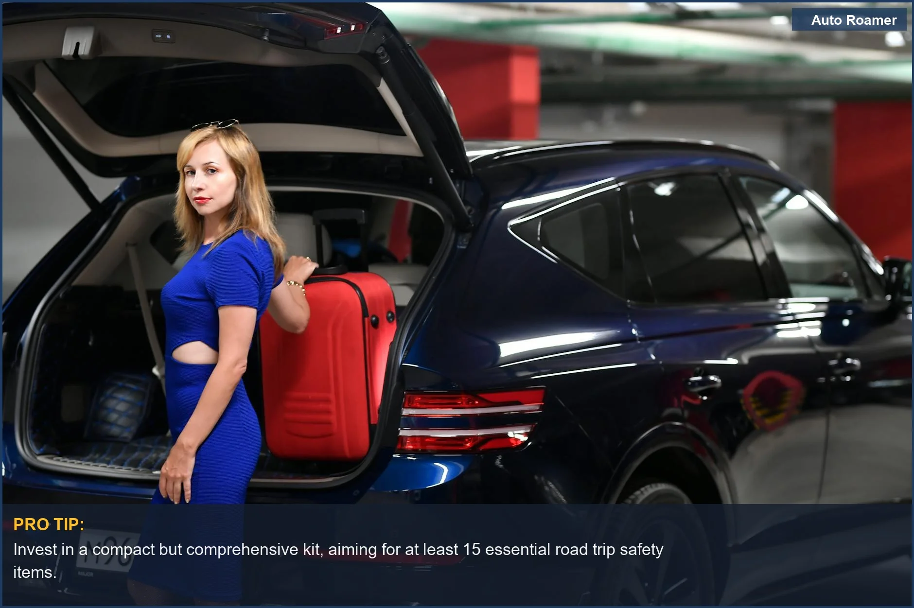 Stylish woman with suitcase by car trunk, highlighting road trip safety items.