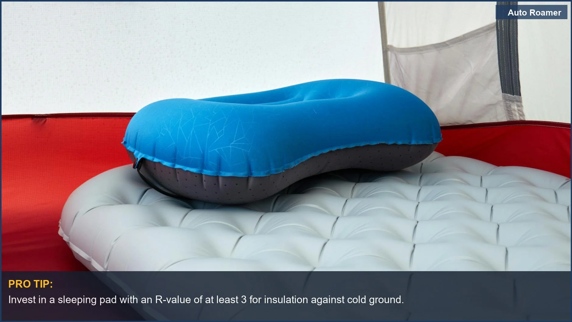Comfortable inflatable sleeping pad with pillow inside a tent, essential car camping bedding for a good night's rest.