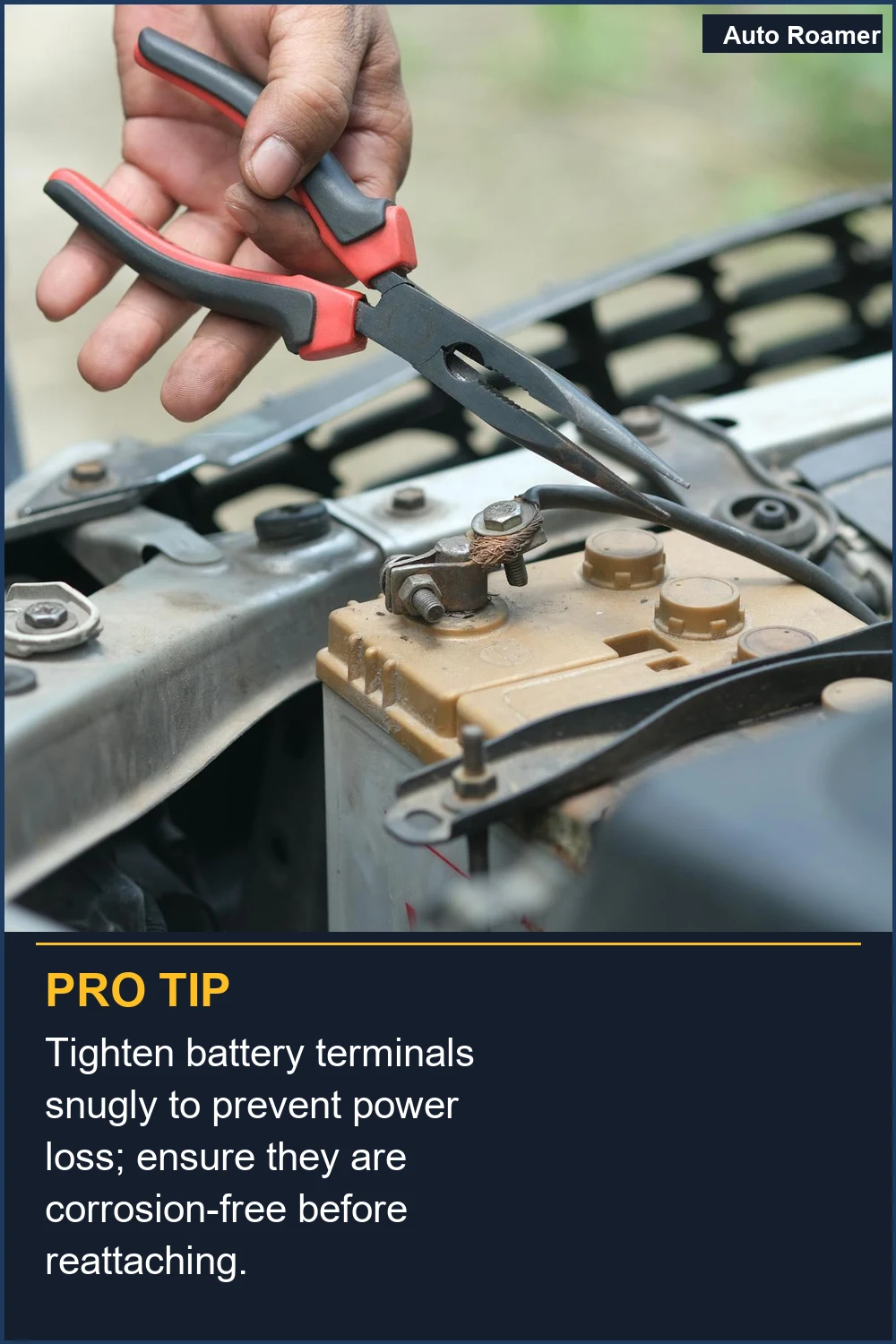 Tighten battery terminals snugly to prevent power loss; ensure they are corrosion-free before reattaching.