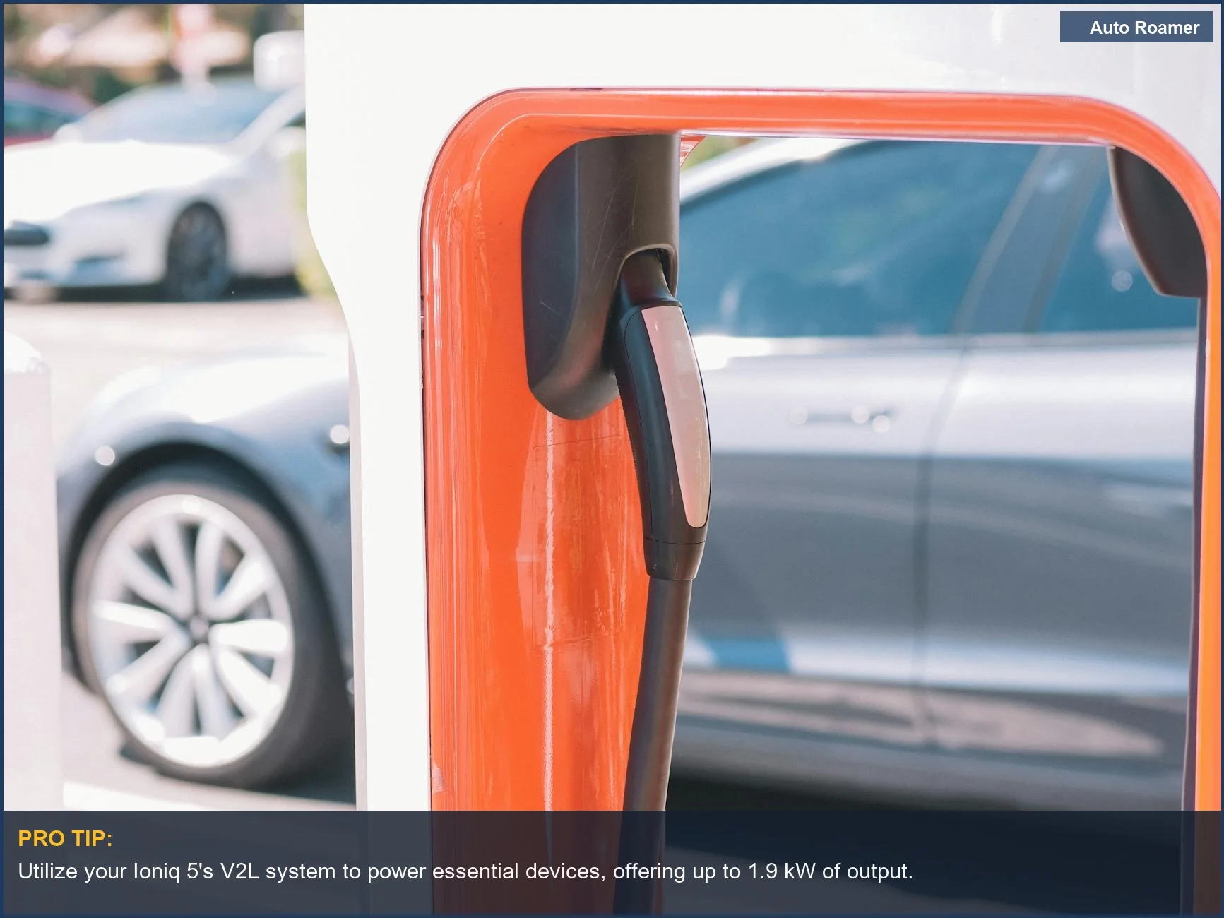 Hyundai Ioniq 5 V2L charger in use, powering devices during electric vehicle camping.