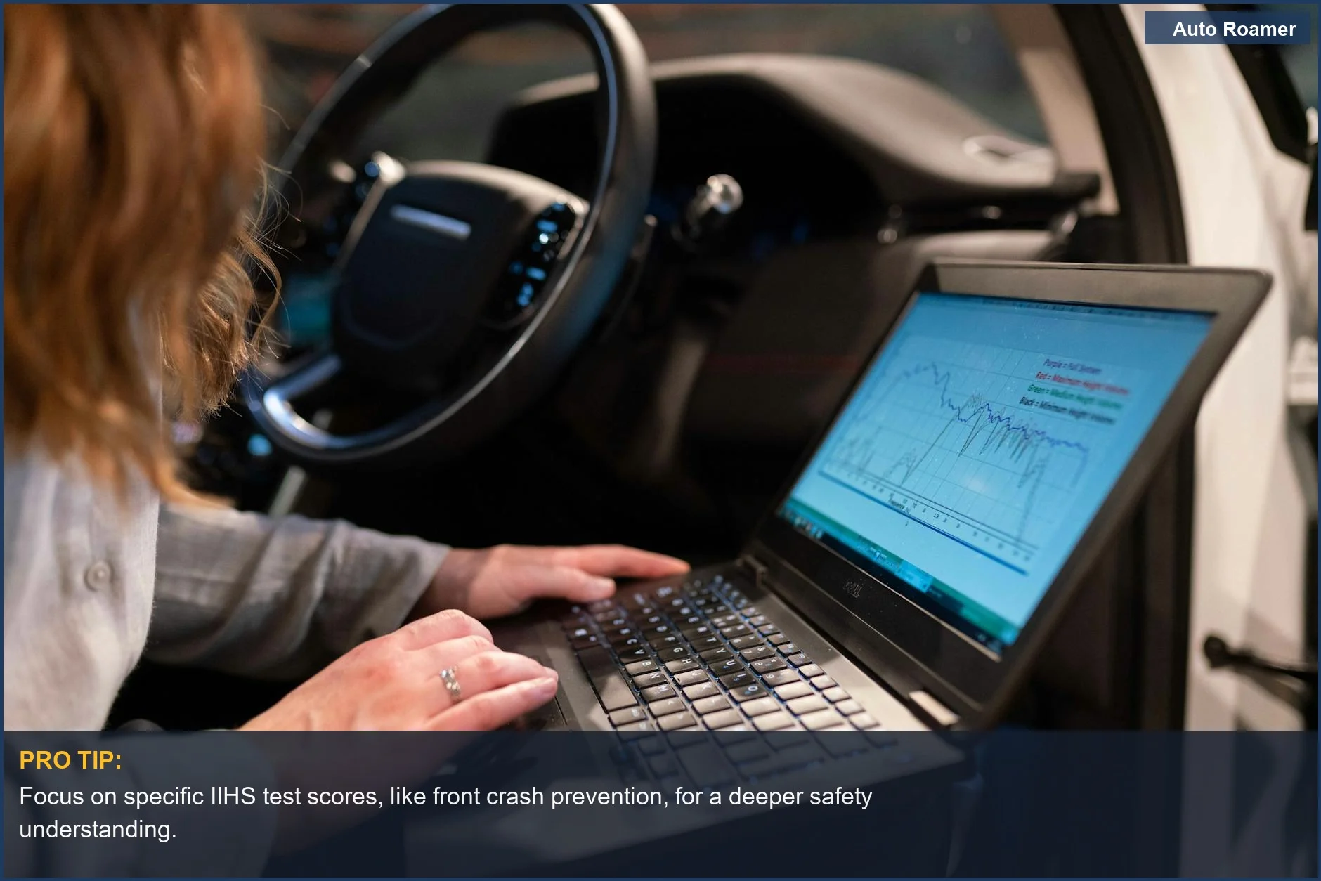Female engineer analyzes vehicle data, aiding family road trip car upgrades and safety evaluations.