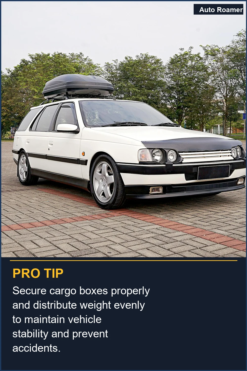 Secure cargo boxes properly and distribute weight evenly to maintain vehicle stability and prevent accidents.