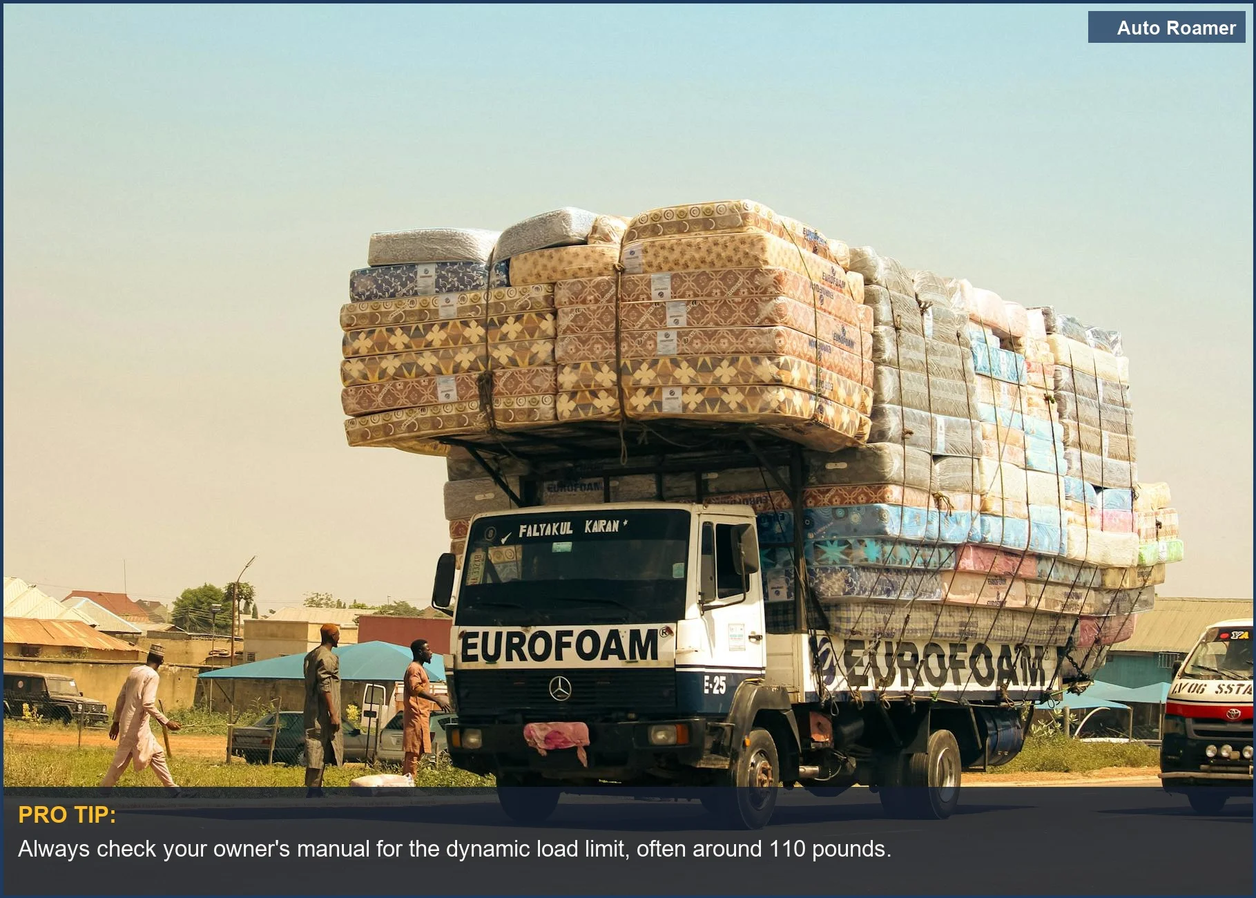 Overloaded Hyundai Santa Cruz roof rack with mattresses, demonstrating potential roof rack overload issues.