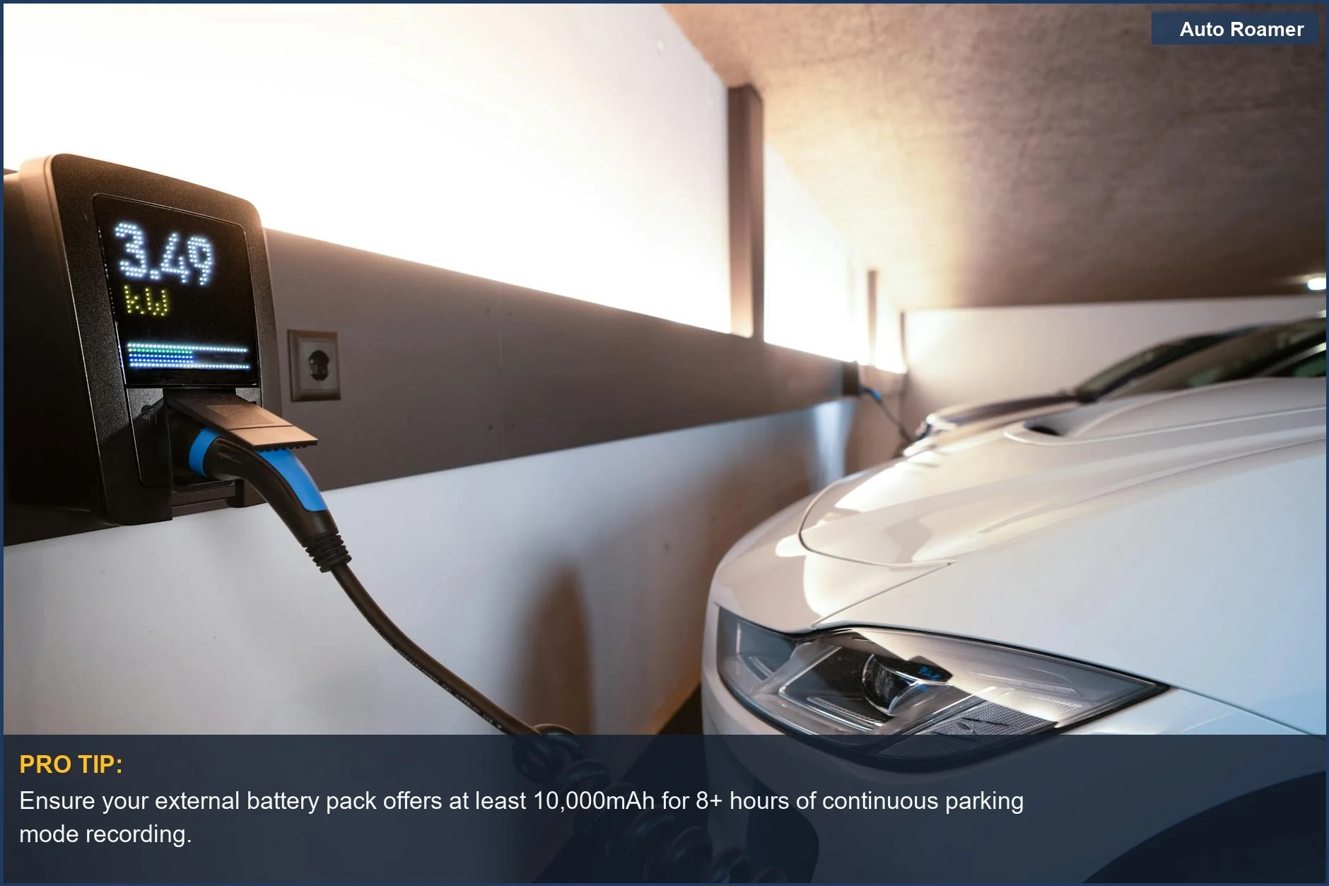Modern white electric car plugged into an indoor charging station, illustrating dash cam power options for parked vehicles.