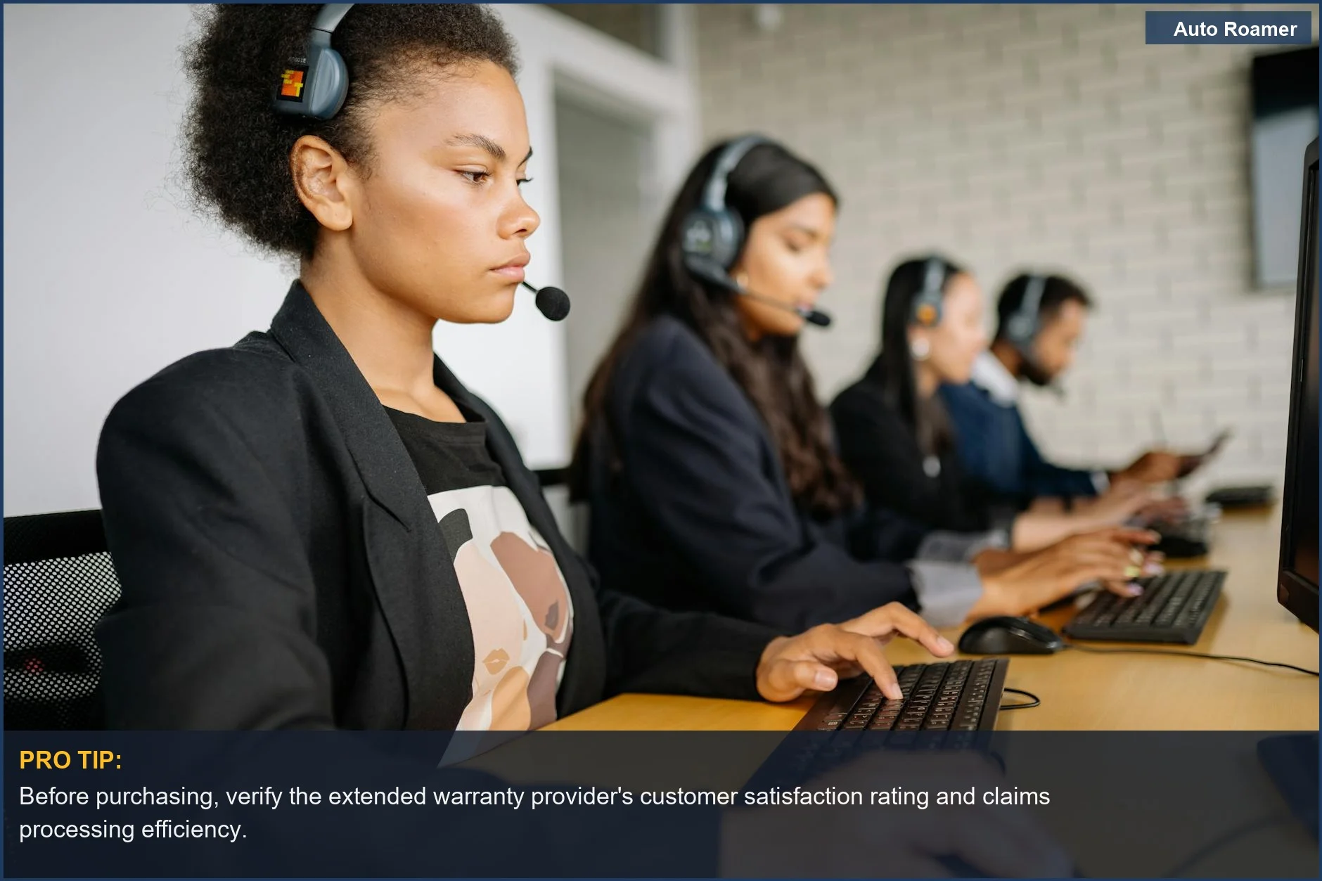 Diverse call center team provides customer support, representing the service behind extended car warranty plans.