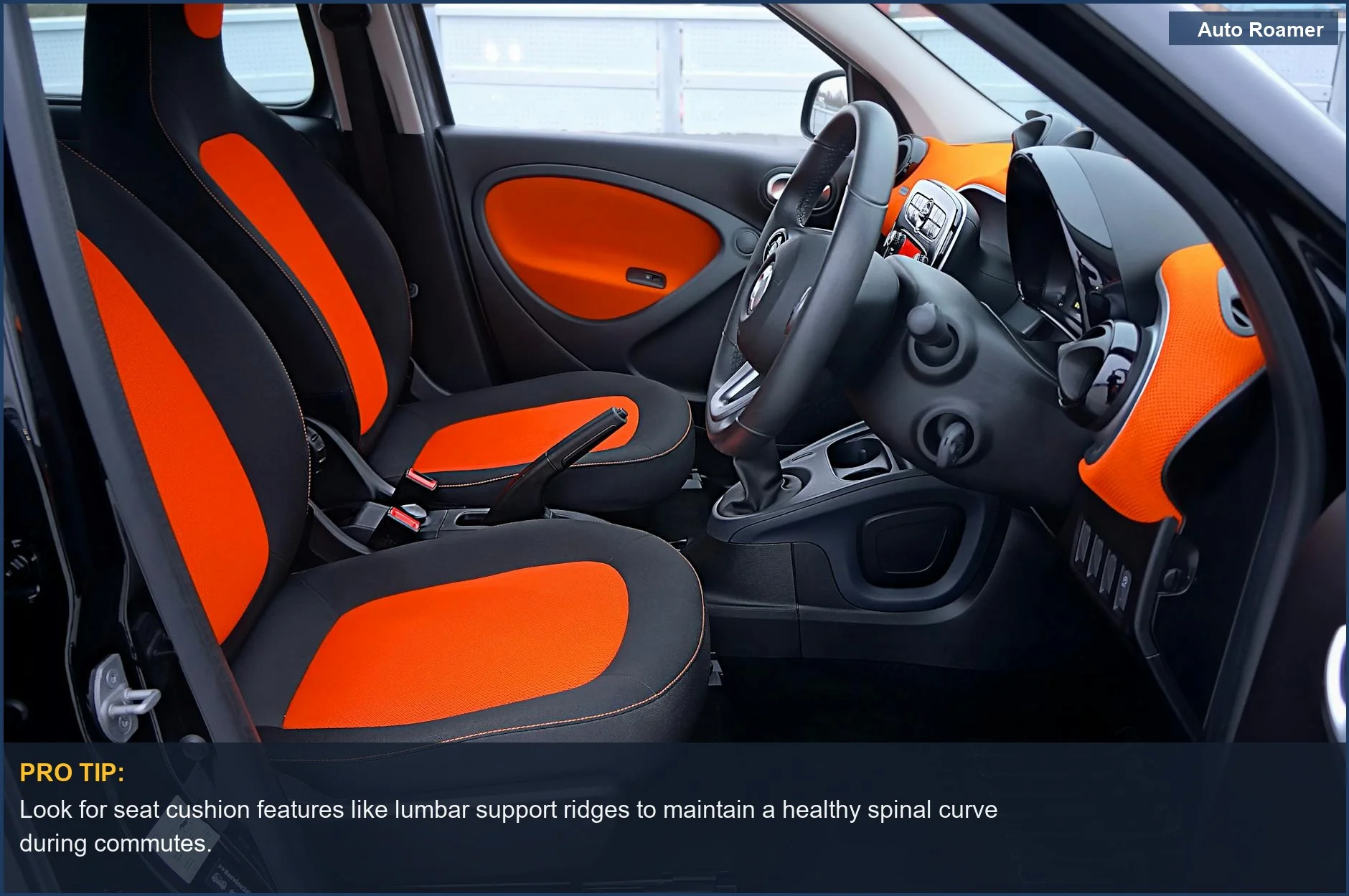 Modern car interior with striking orange and black seats, showcasing essential car seat cushion features for sciatica relief.