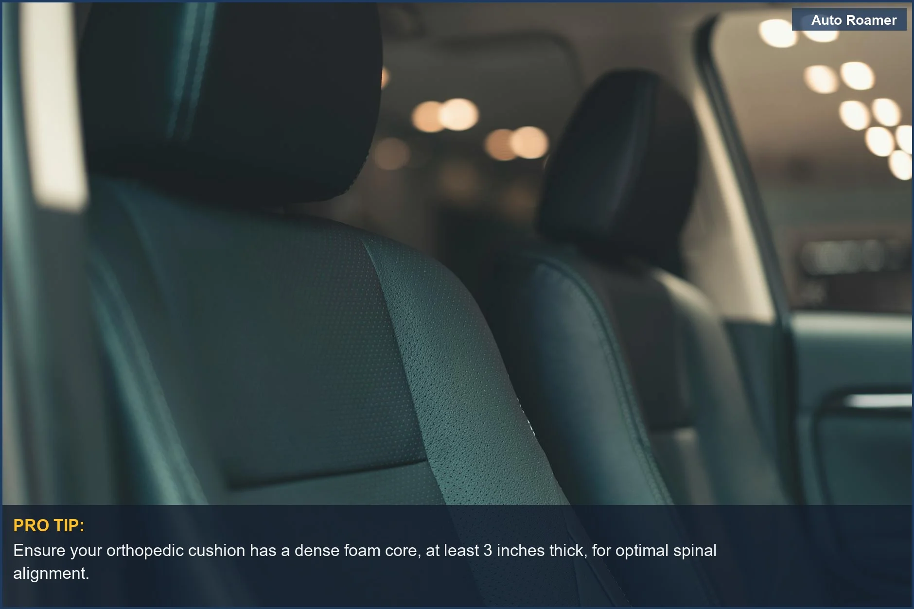 Close-up of premium car leather seats, emphasizing the need for orthopedic cushion support for long drives.