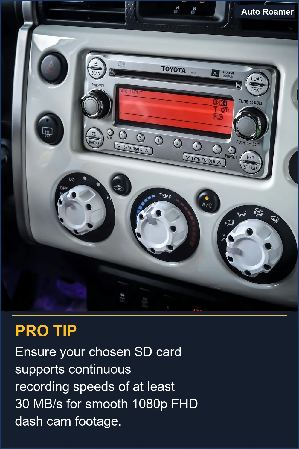 Ensure your chosen SD card supports continuous recording speeds of at least 30 MB/s for smooth 1080p FHD dash cam footage.