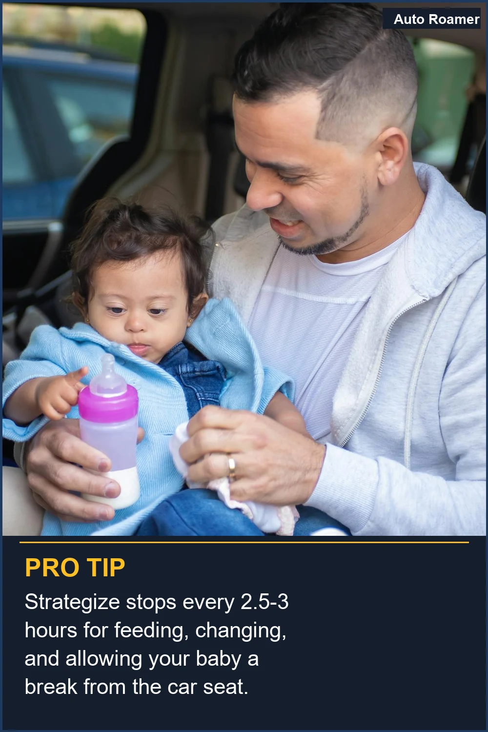 Strategize stops every 2.5-3 hours for feeding, changing, and allowing your baby a break from the car seat.