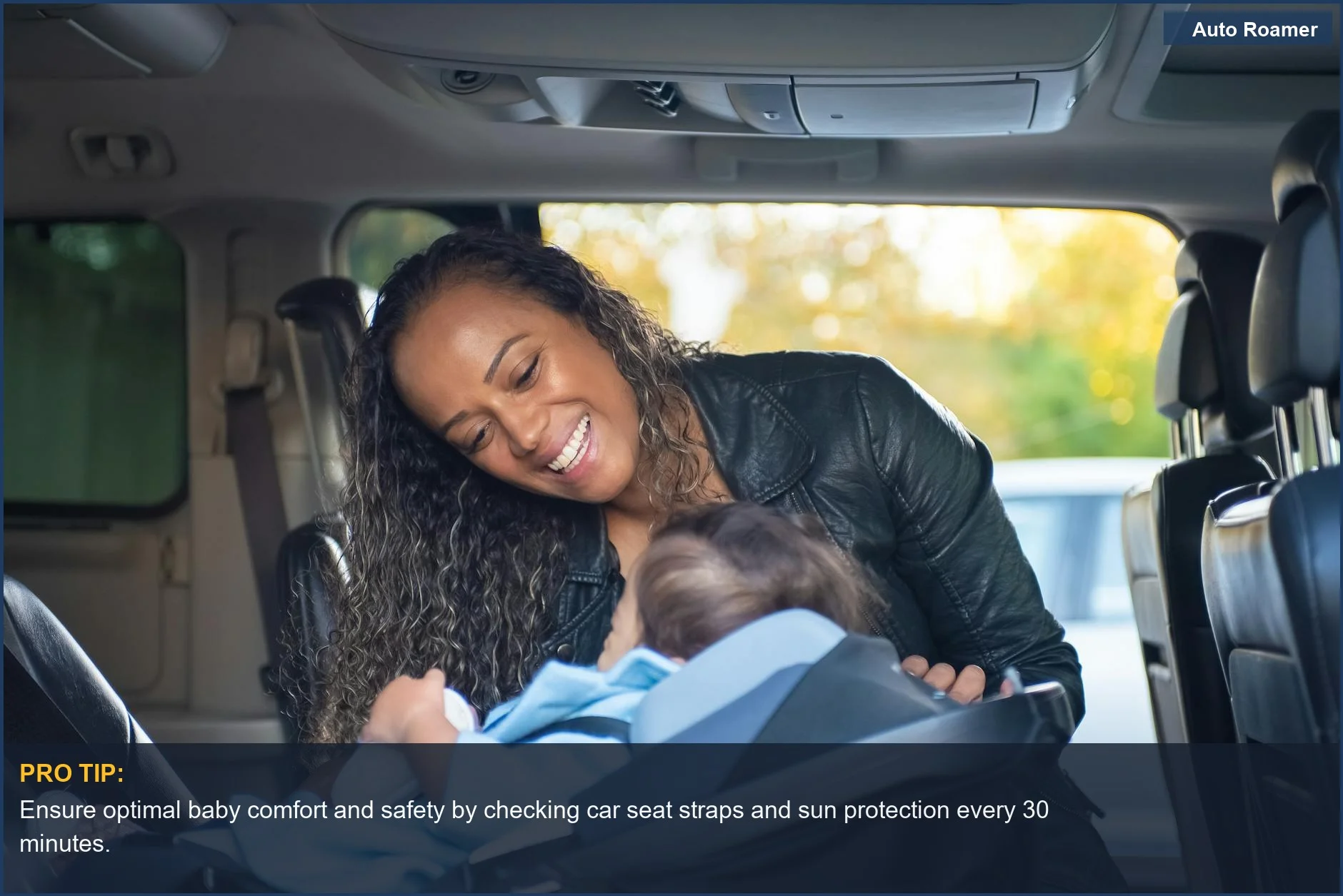 A loving mother smiles at her baby secured in a car seat, emphasizing safety for a travel checklist for newborn.