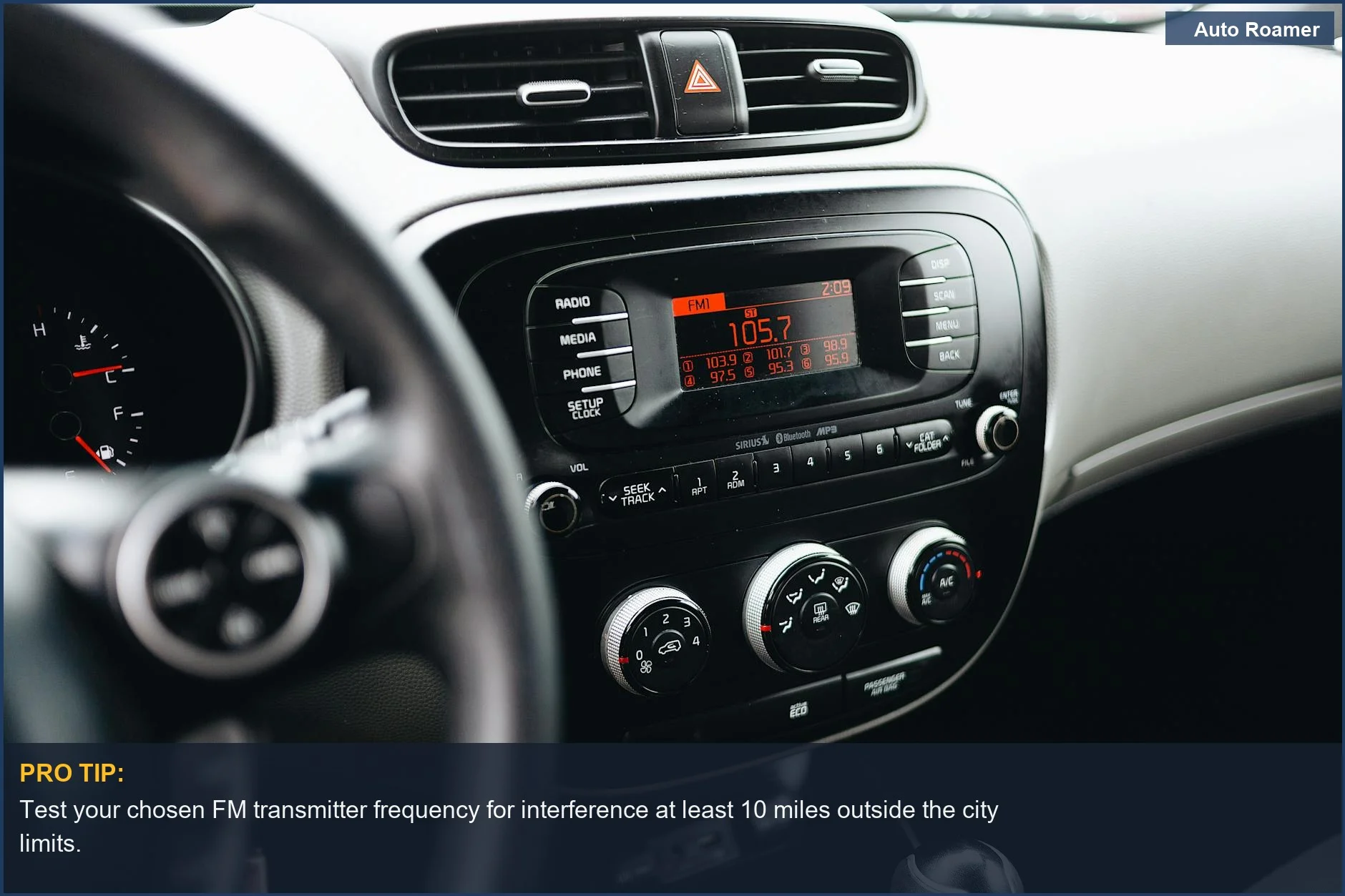 Detailed car interior with stereo and climate controls, emphasizing the need to avoid interference with wireless car FM.