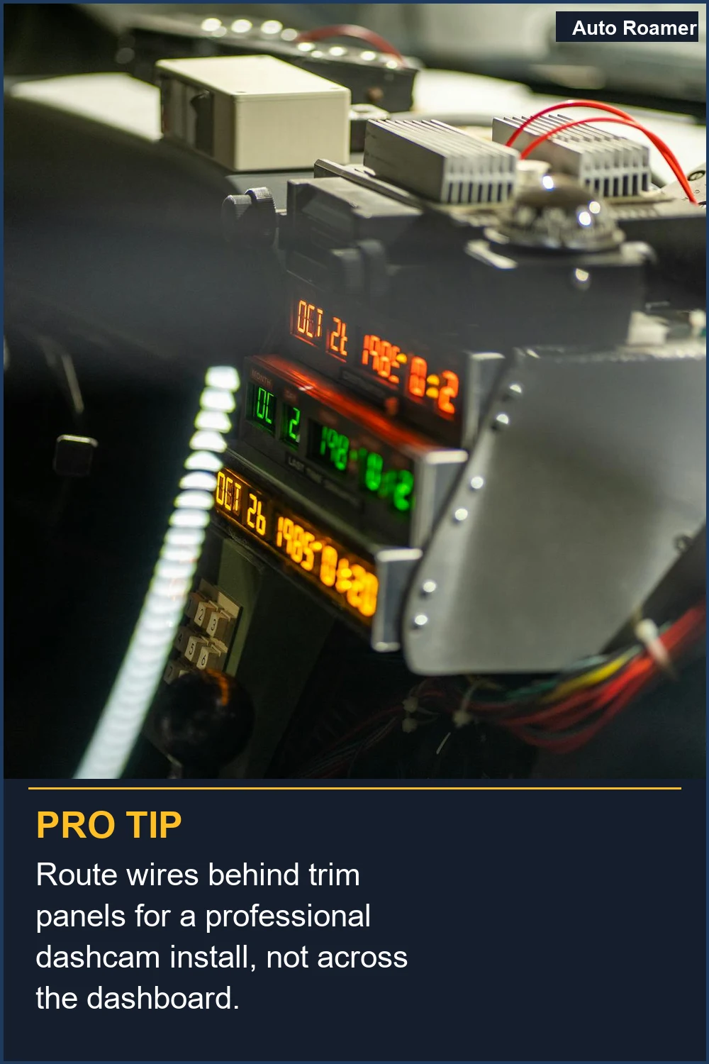 Route wires behind trim panels for a professional dashcam install, not across the dashboard.