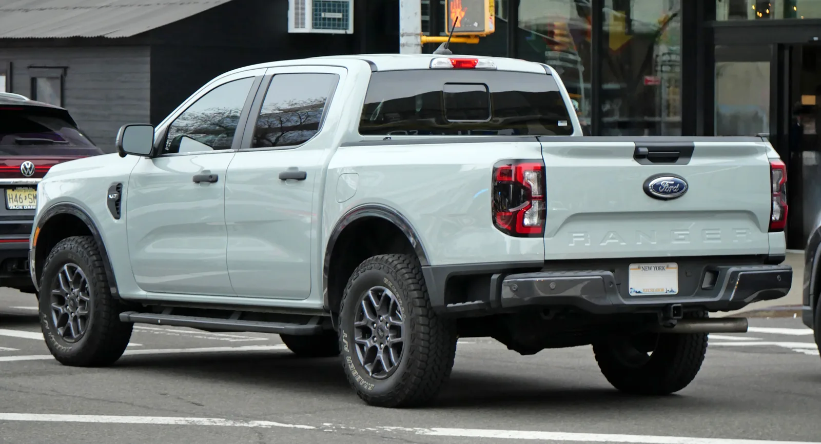 A Ford Ranger seen from the rear showing its five-foot truck bed and tailgate, the camping bed this guide measures