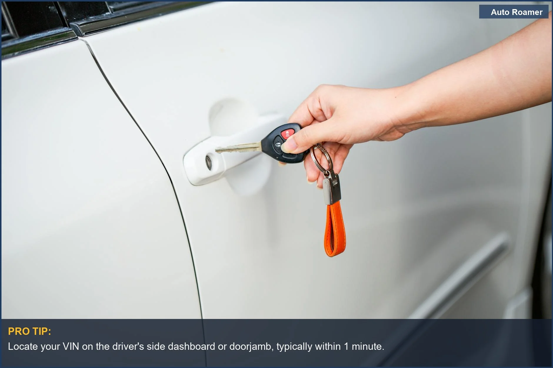 Hand unlocking a car door with a key and fob, highlighting the VIN search process.