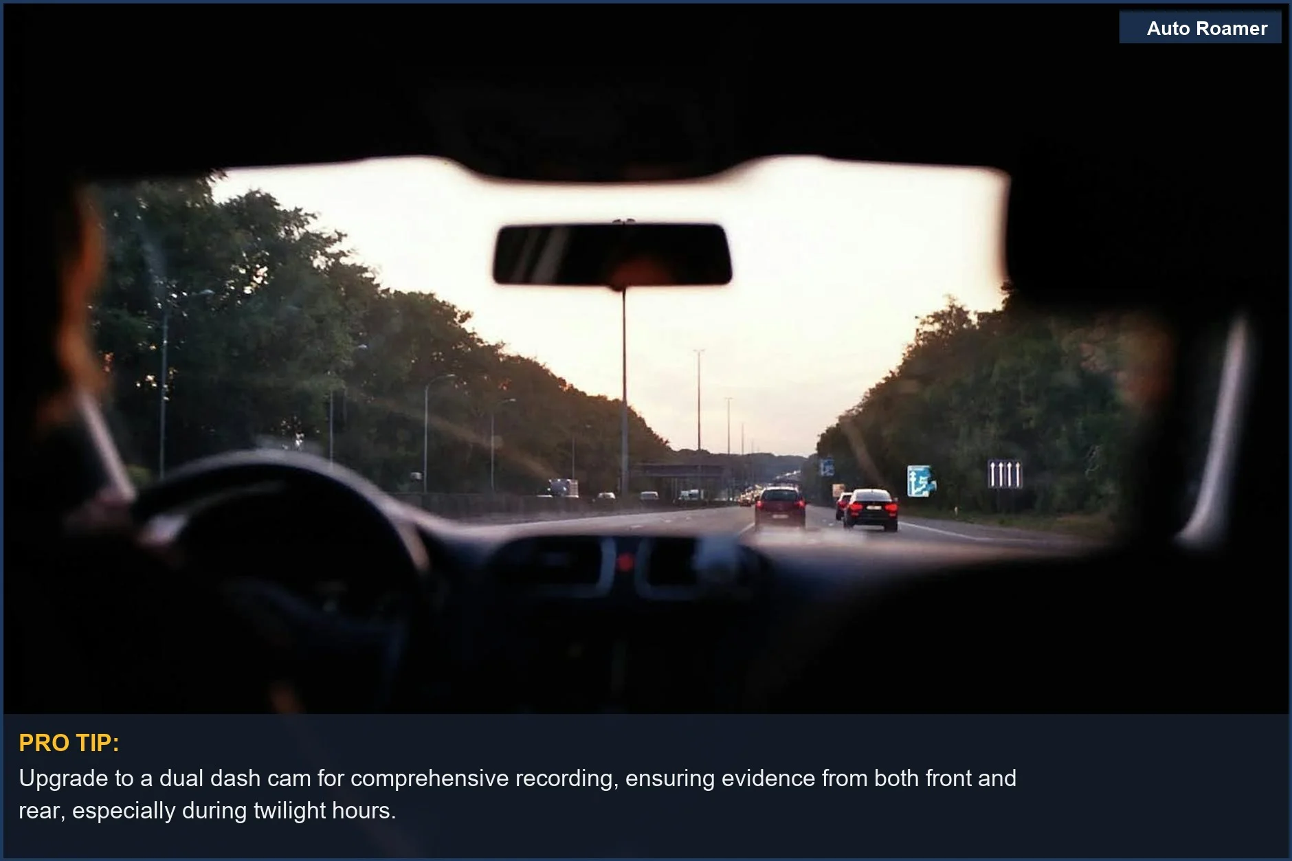 Scenic highway at twilight through a car windshield, showing dual dash cam potential.