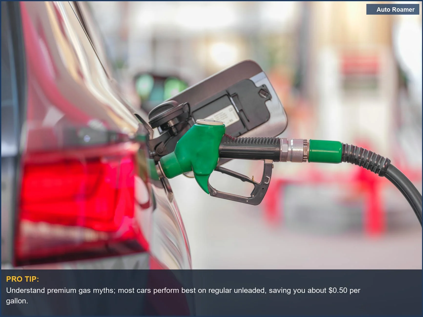 Close-up of a fuel pump nozzle in a car's tank, debunking premium gas myths.