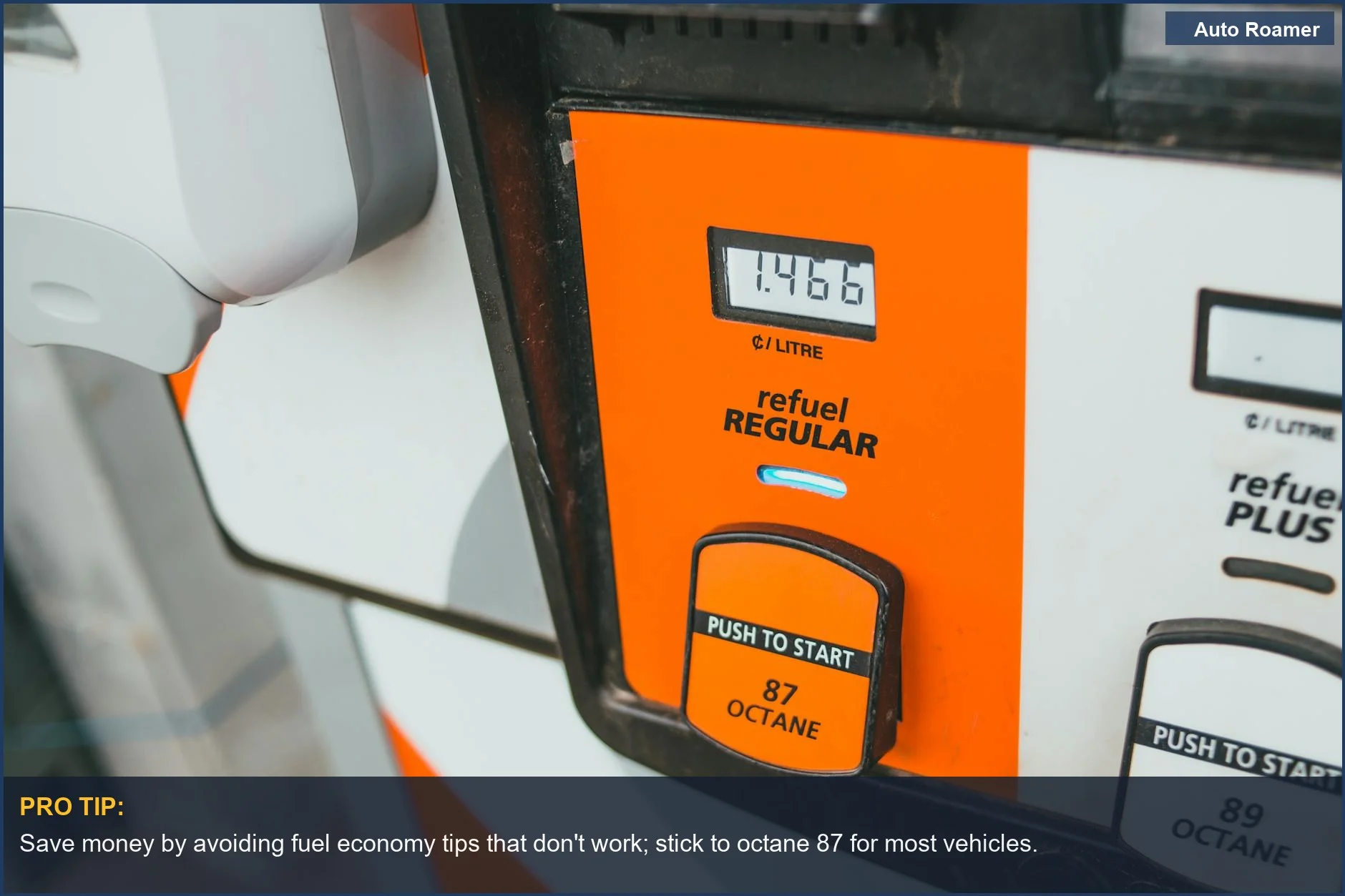 Gas pump display showing octane 87, a common fuel economy tip that doesn't work.