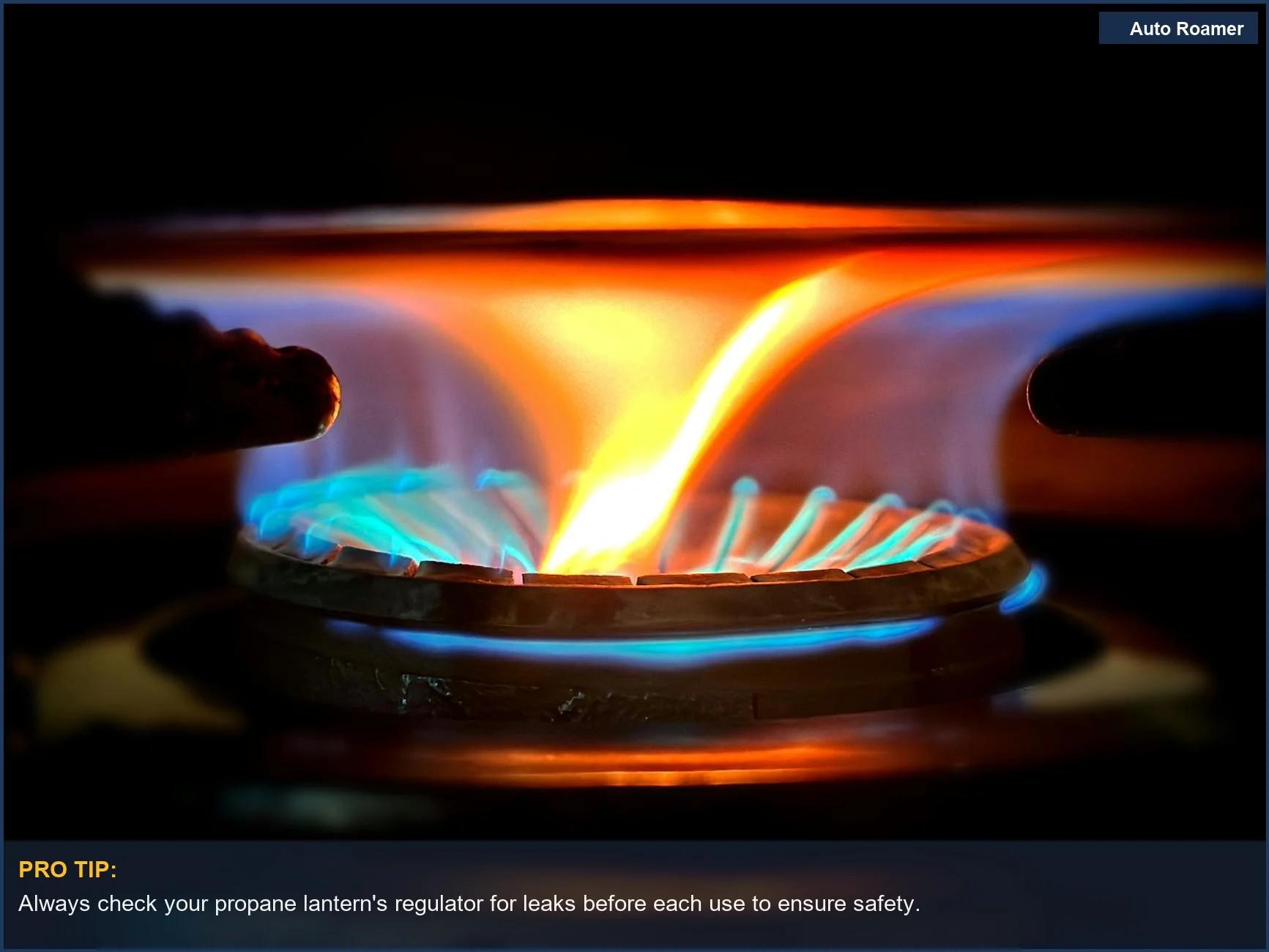 Close-up of vibrant blue and orange flames on a gas stove burner, illustrating propane lantern efficiency.