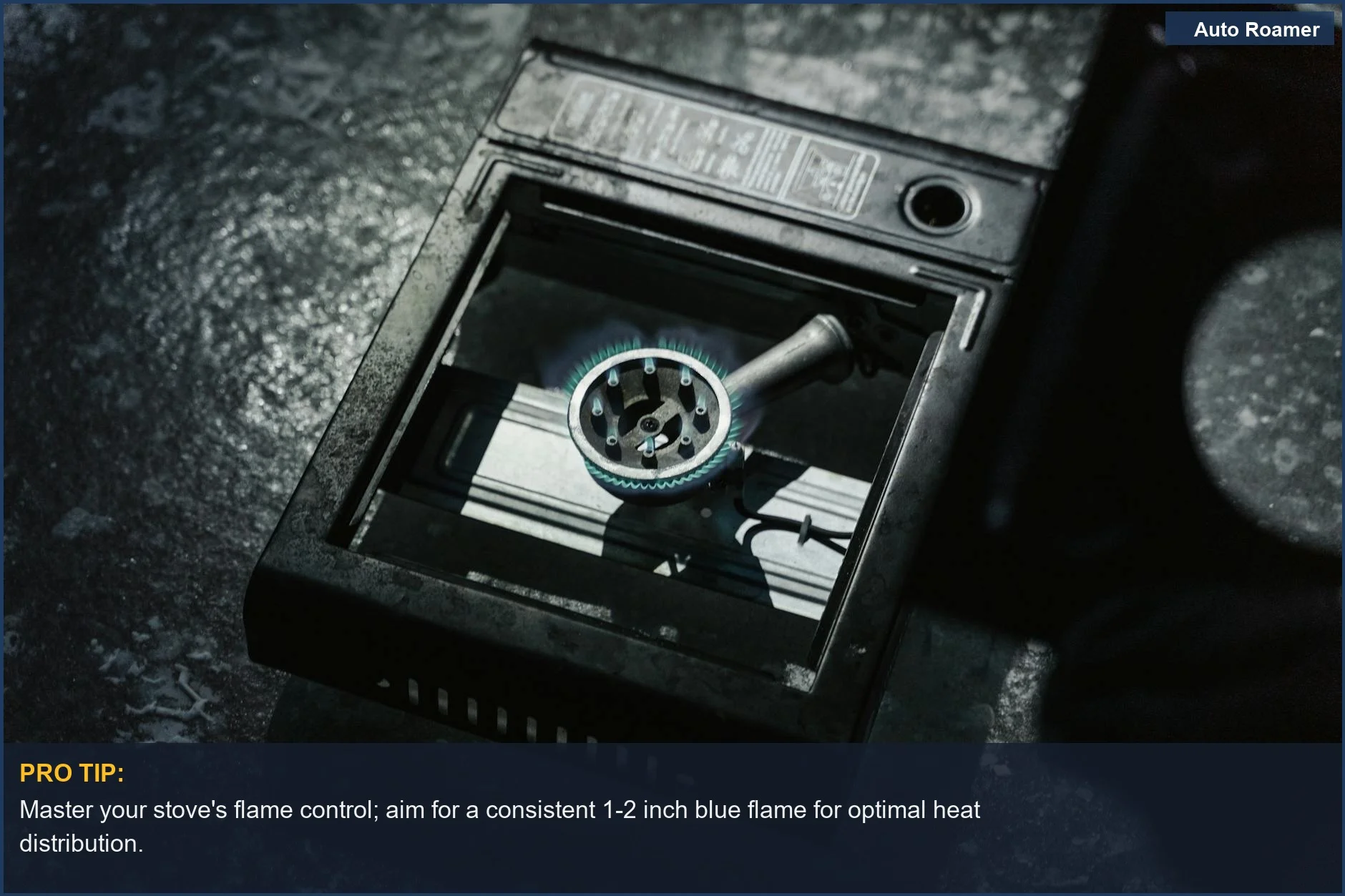 Close-up of a portable stove with a steady blue flame, showcasing its reliability.