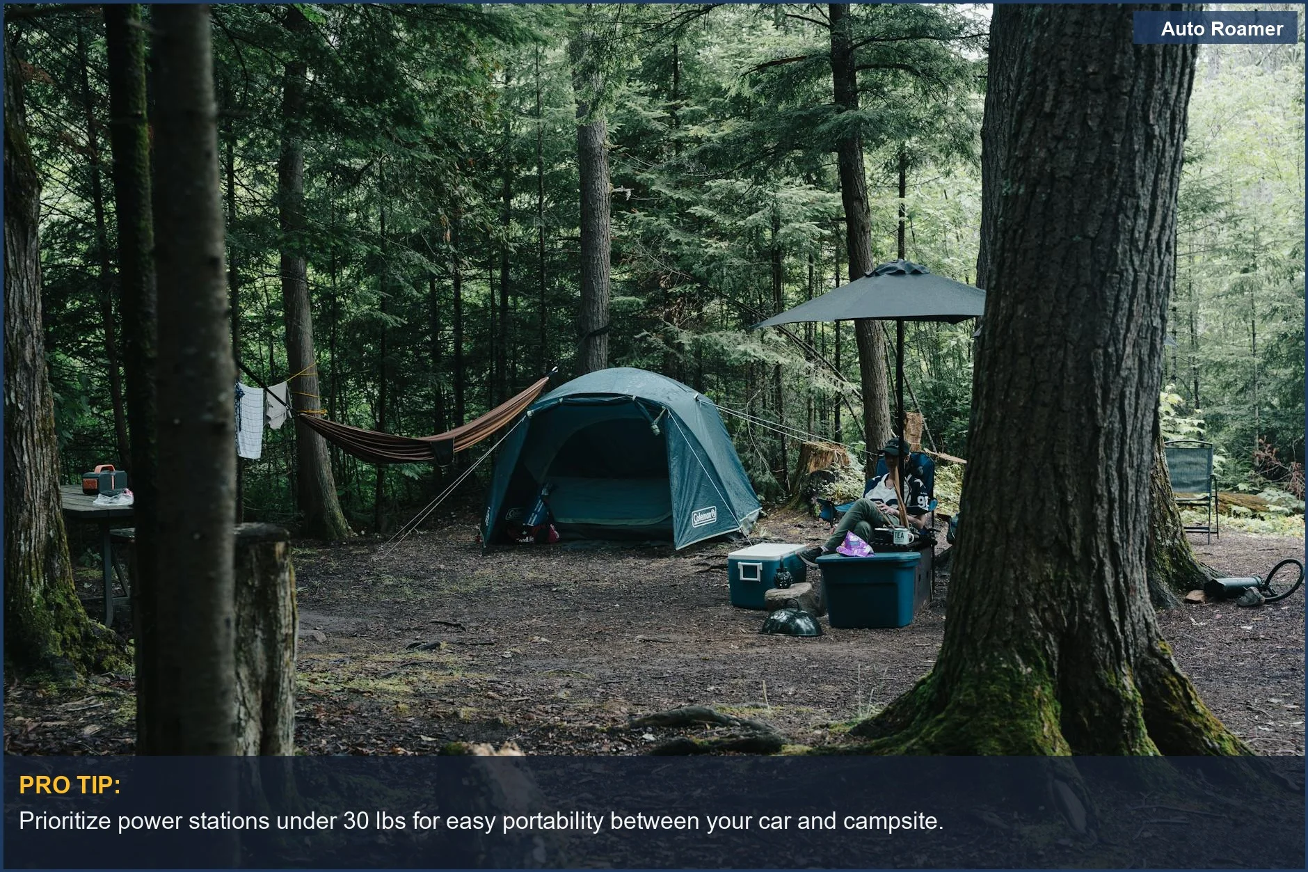 Tranquil forest campsite with tent and hammock, perfect for understanding portable power station vs generator choices.